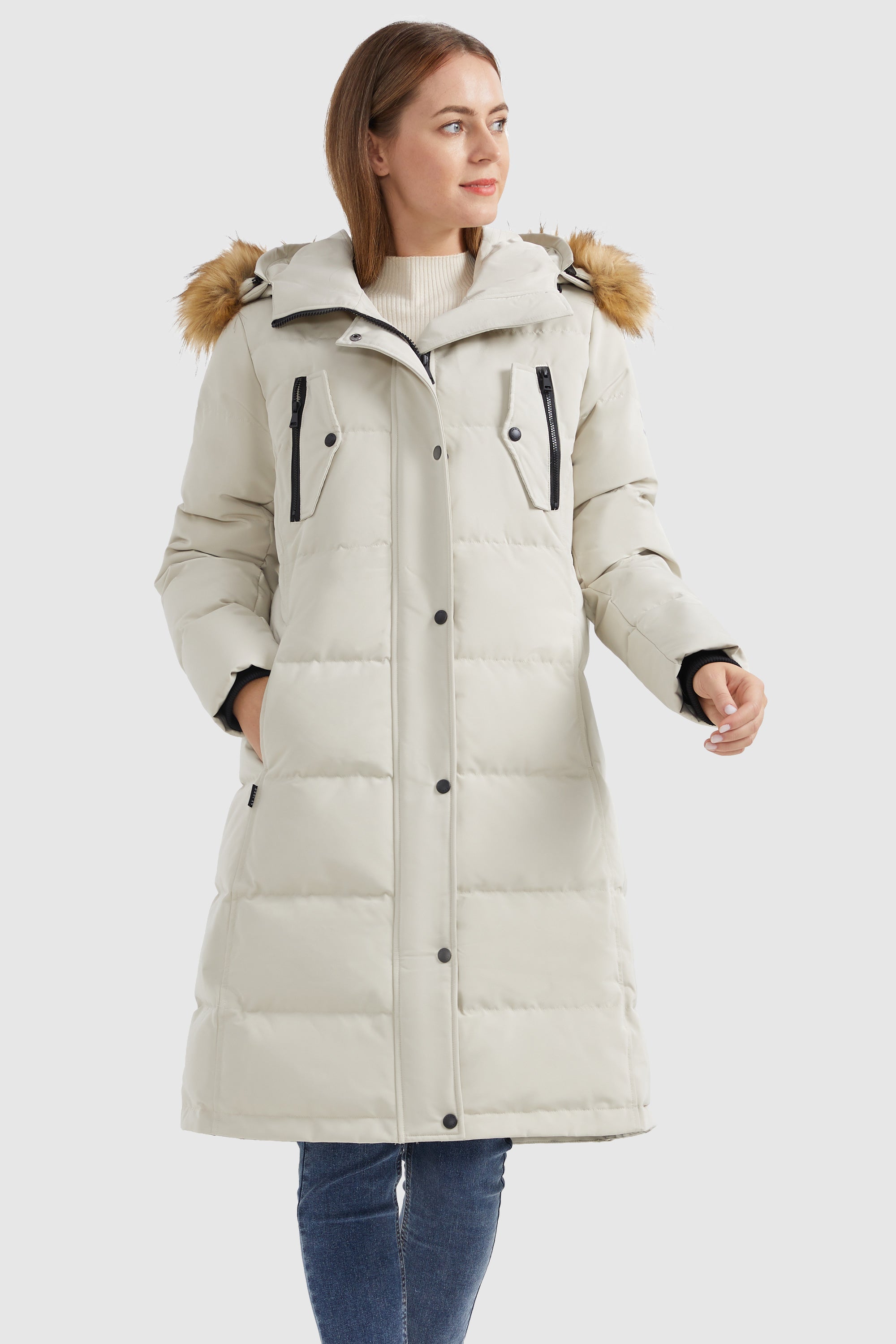 Orolay-Windproof Puffer Fur Hooded Down Coat-#color_Tofu