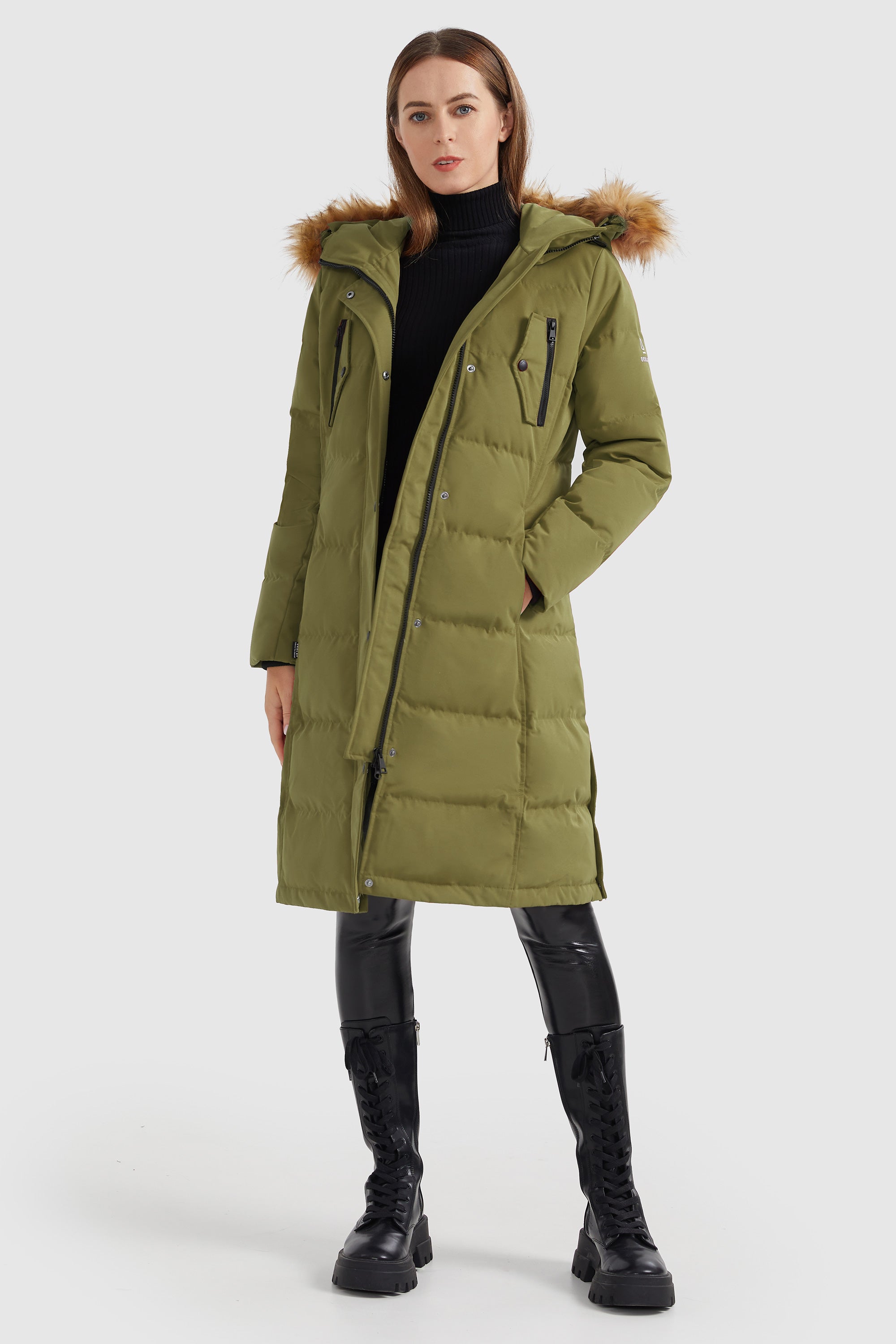 Orolay-Windproof Puffer Fur Hooded Down Coat-#color_Peat Moss