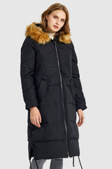 Orolay-Winter Drawstring Down Coat Removable Faux Fur-#color_Black