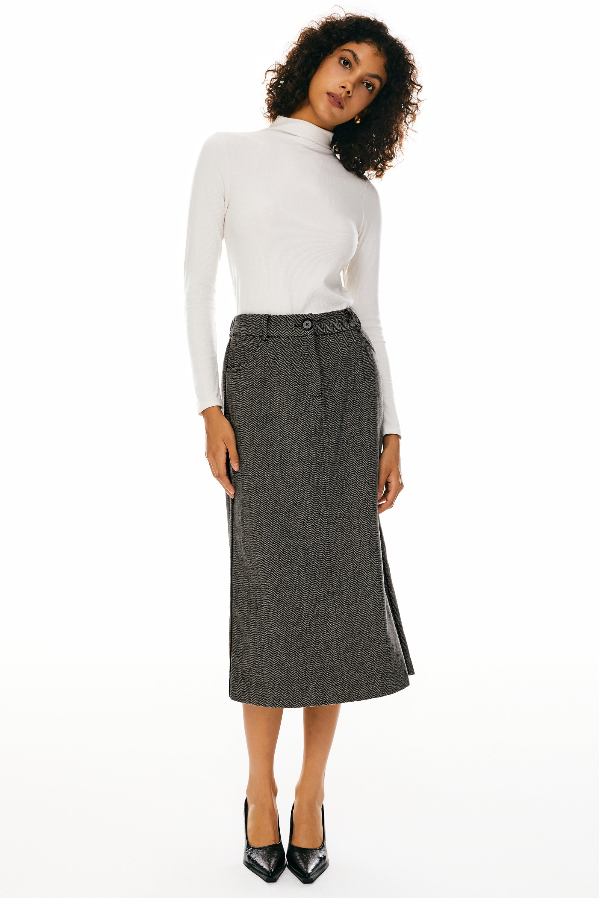 Orolay-Wool Midi Office Skirt-Image 4 of Wool Blend Straight Line Skirts from Orolay - #color_Brown stripes