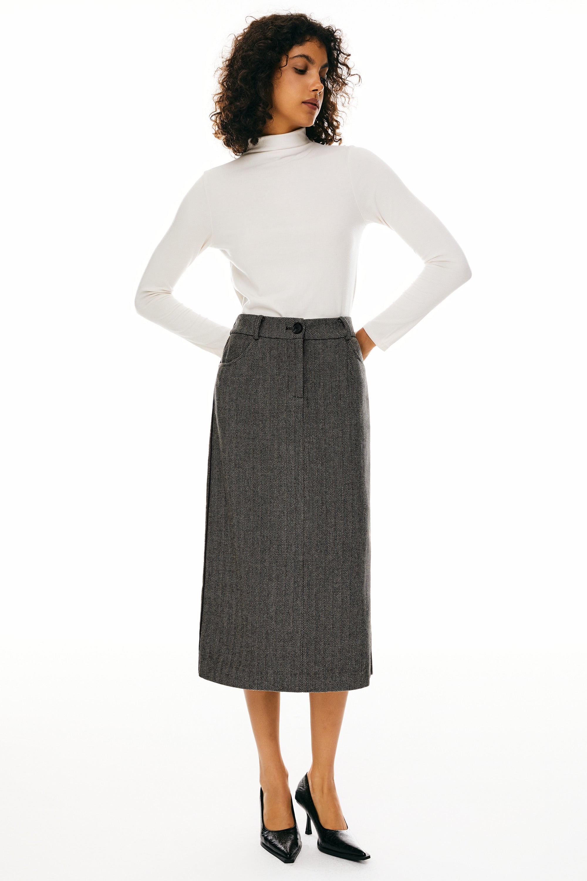 Orolay-Wool Midi Office Skirt-Image 1 of Wool Blend Straight Line Skirts from Orolay - #color_Black stripes