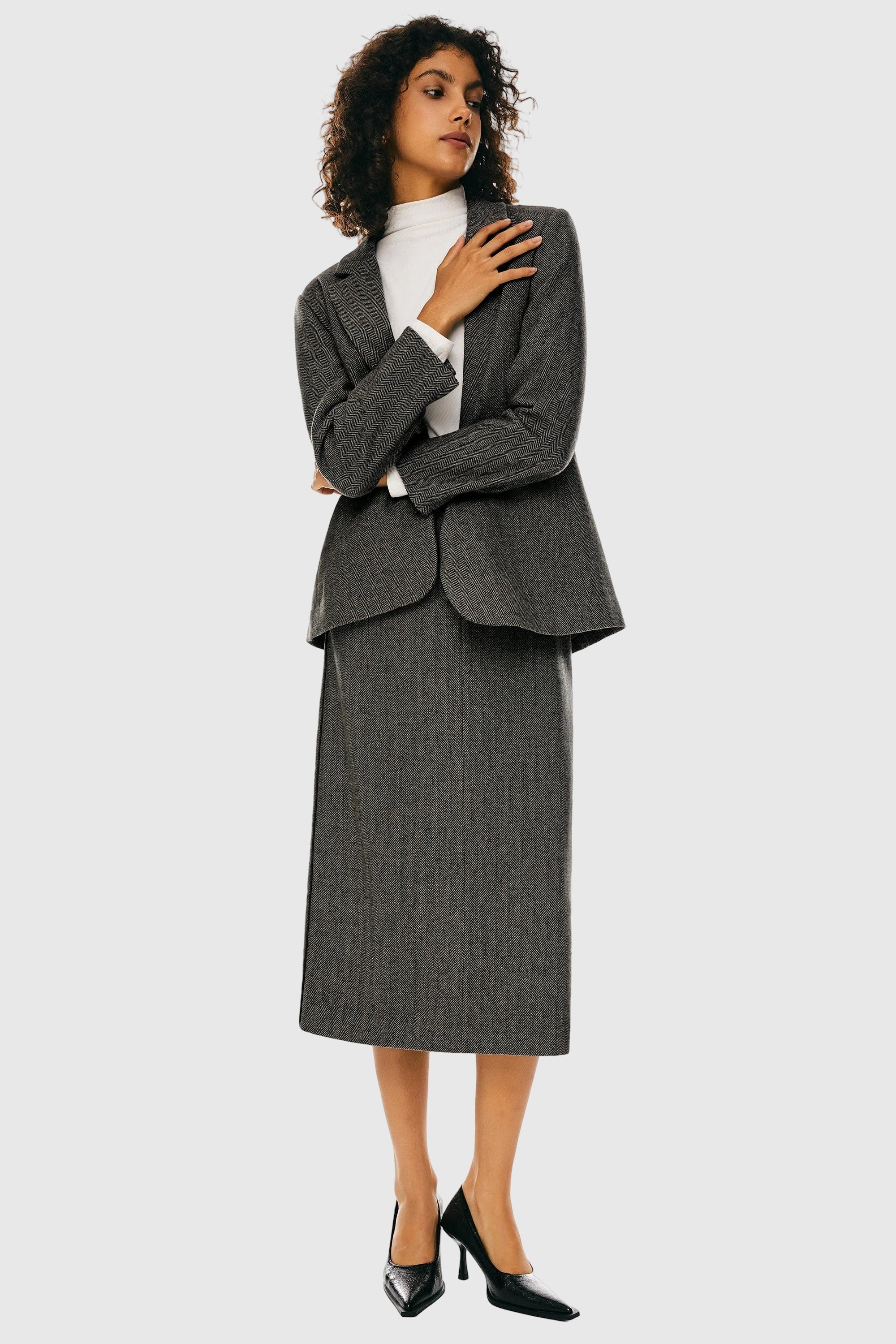 Wool Blend Office Blazer from Orolay - #color_Black stripes