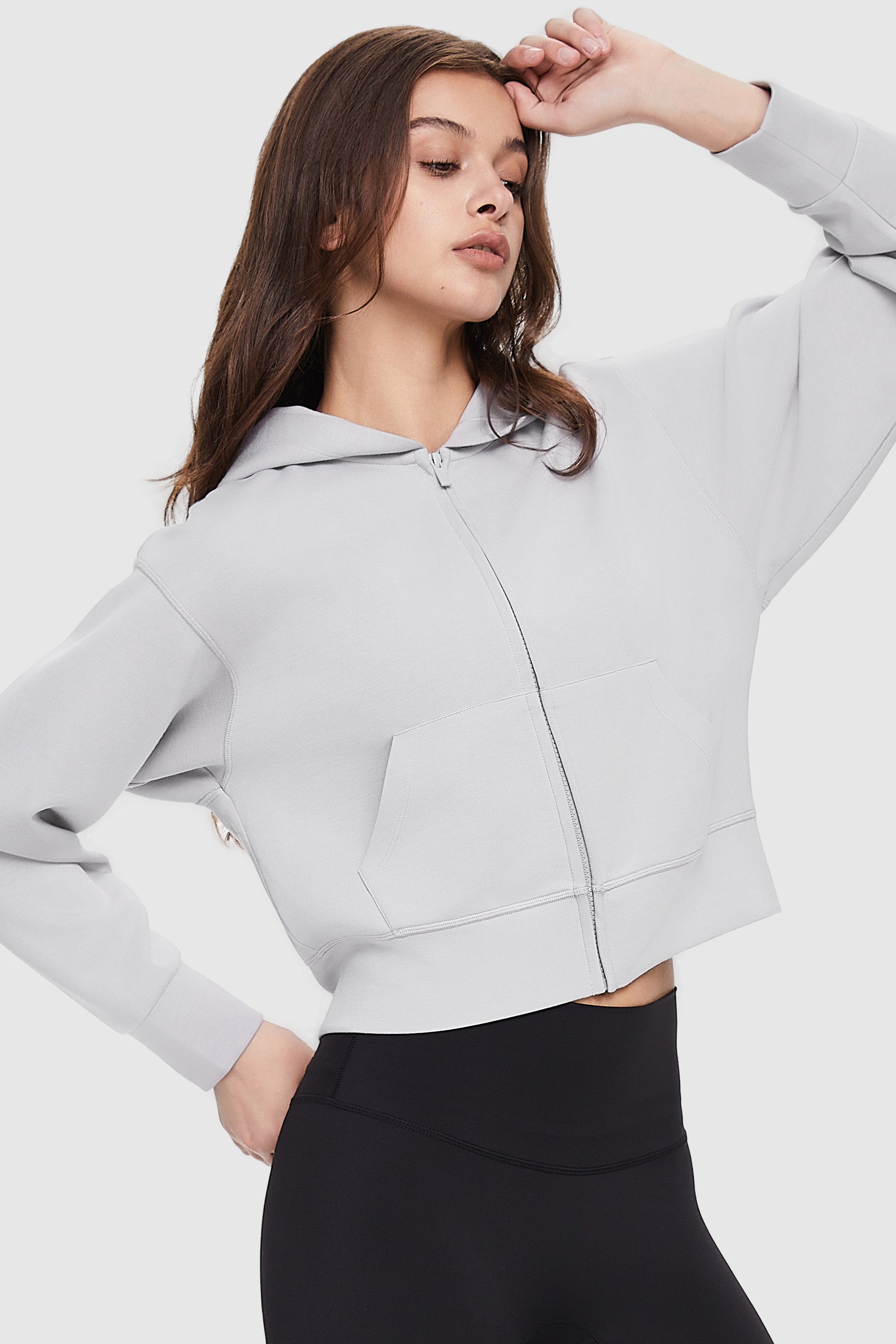 Orolay-Zip-Up Cropped Hoodie-Image 3 of Zip-Up Cropped Hoodie from Orolay - #color_Lightgrey