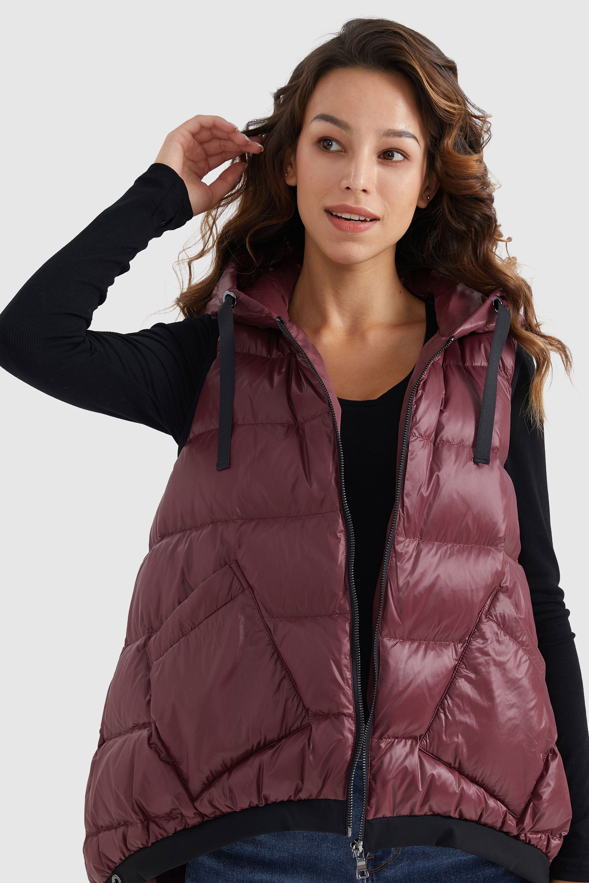 Orolay-Zip Up Hooded Quilted Puffer Down Vest-#color_Syrah