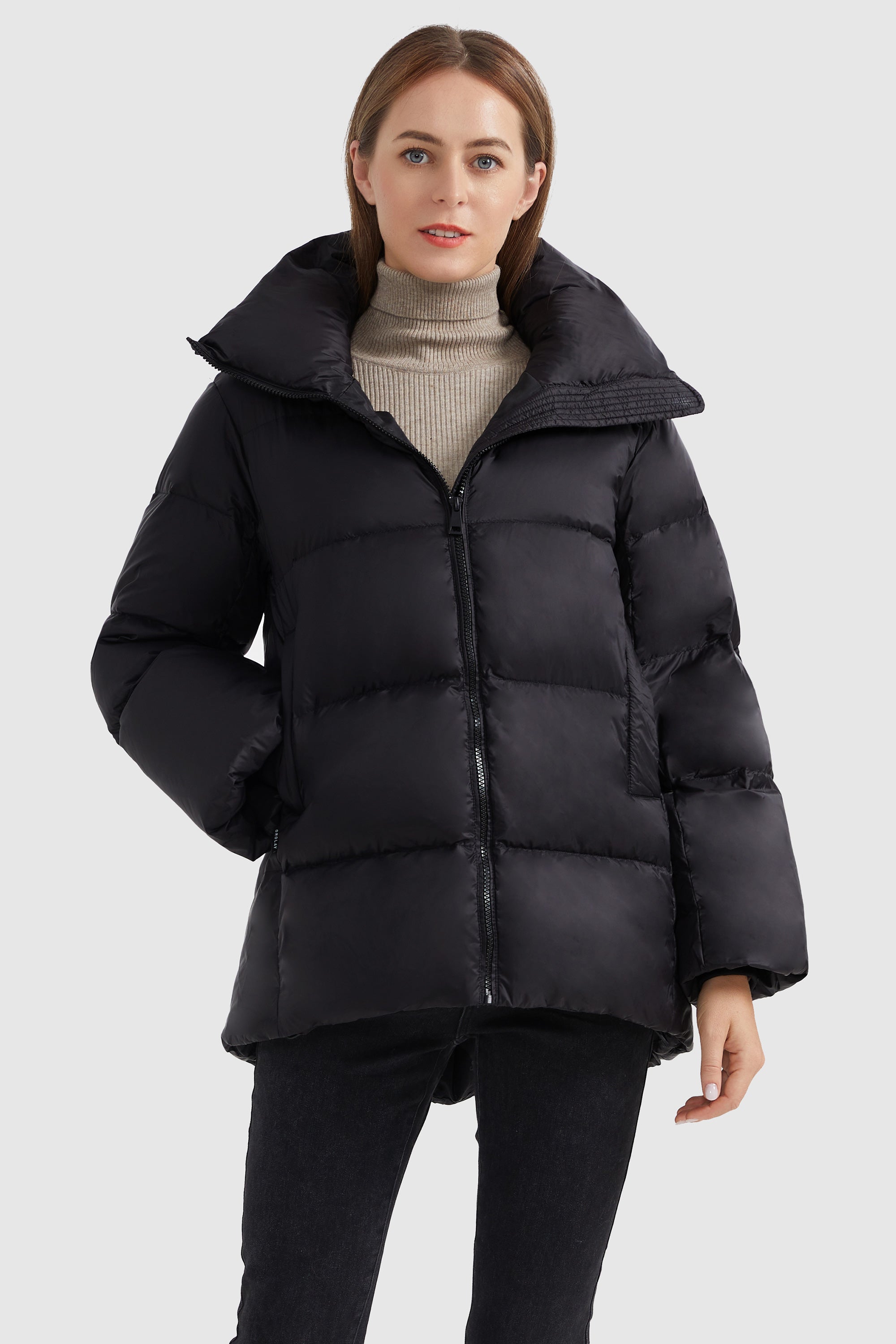 Orolay-Zipper Front Puffer Down Coat-#color_Black