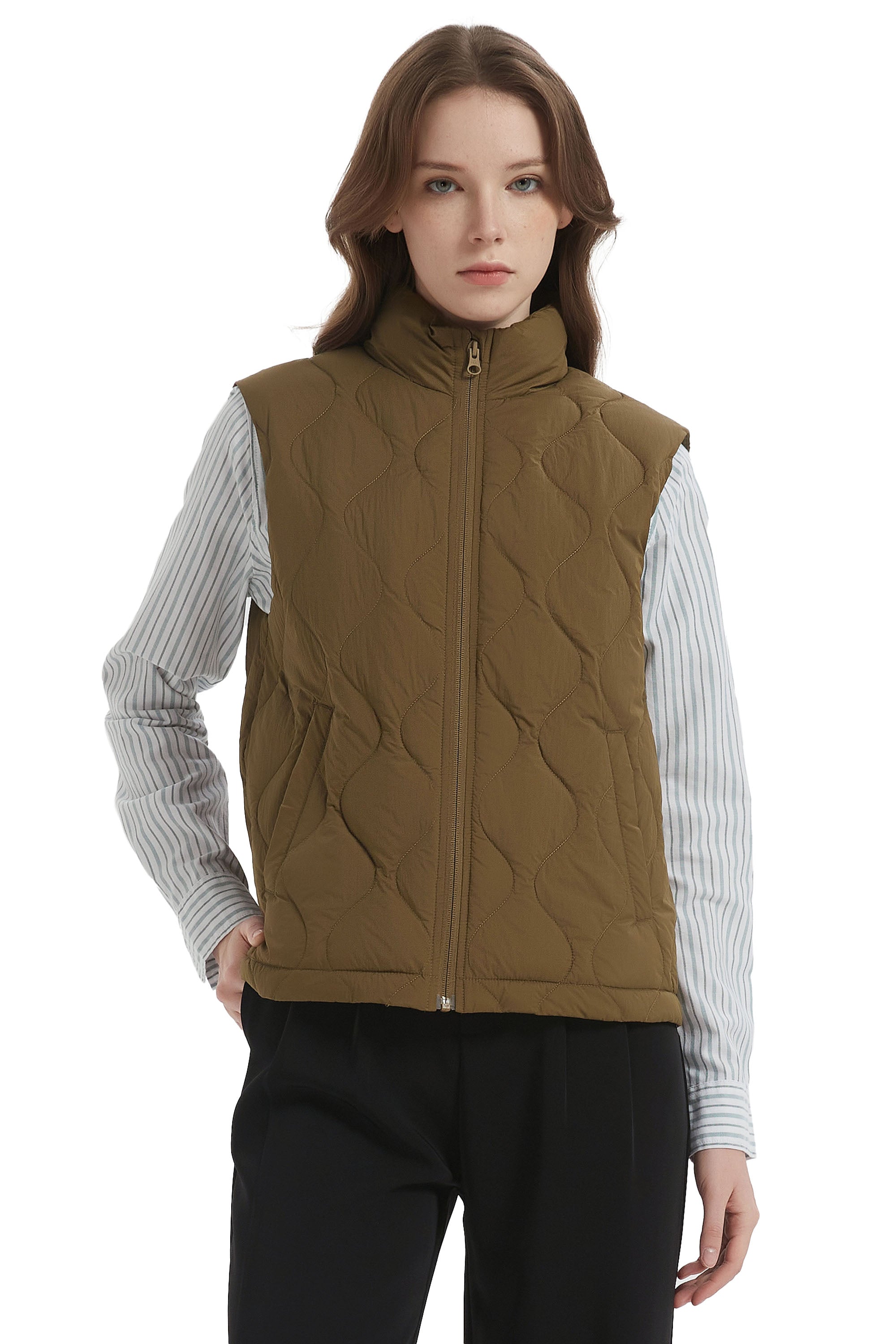 OROLAY Cropped Puffer Vest Zip Up Lightweight #color_coffee