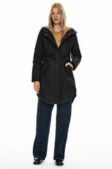 Parka-Drawstring Waist Fleece - Lined Parka - Orolay, #color_Black