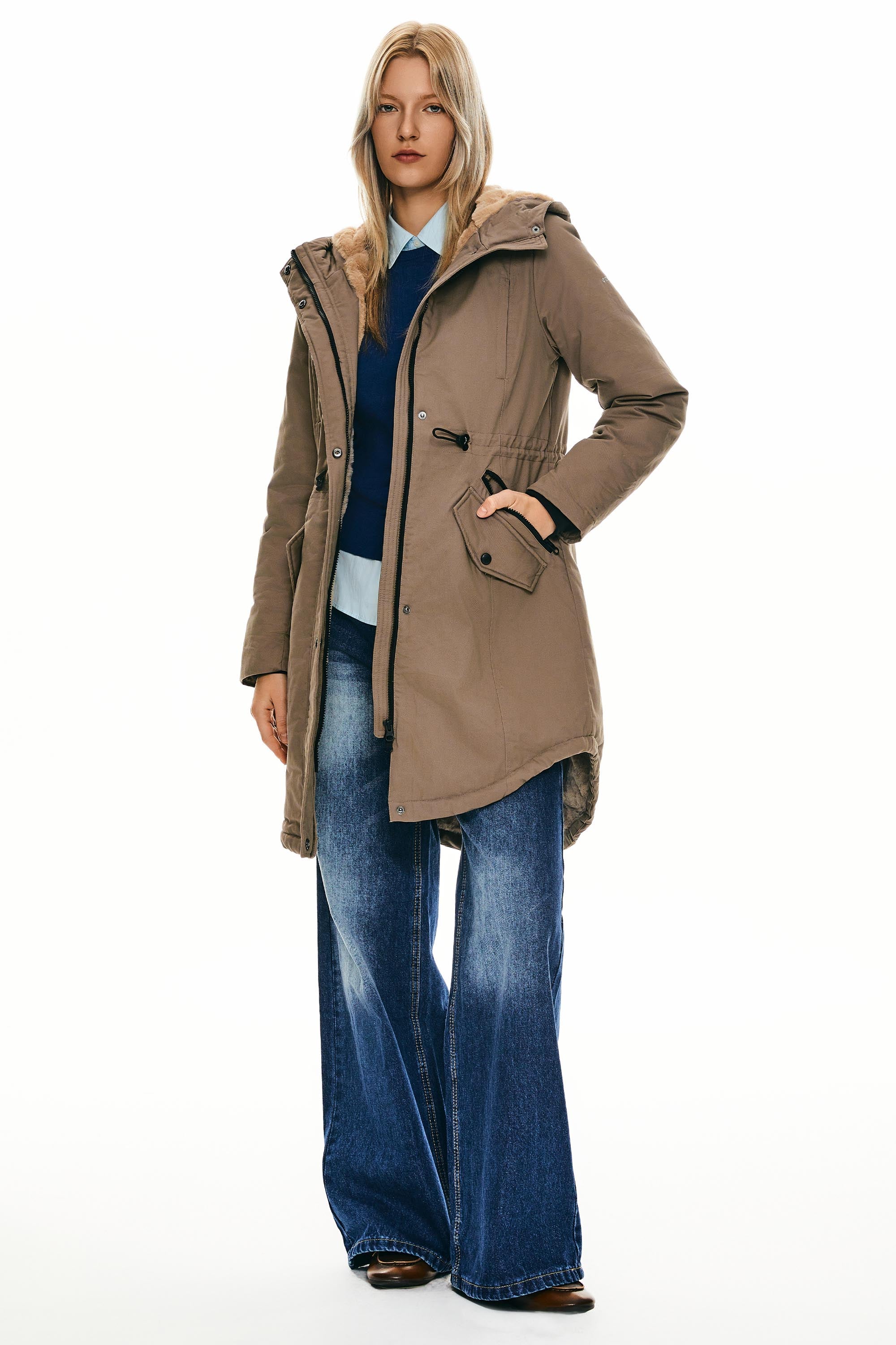 Parka-Drawstring Waist Fleece - Lined Parka - Orolay, #color_khaki