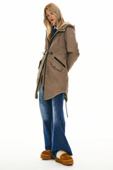 Parka-Drawstring Waist Fleece - Lined Parka - Orolay, #color_Bronze Brown