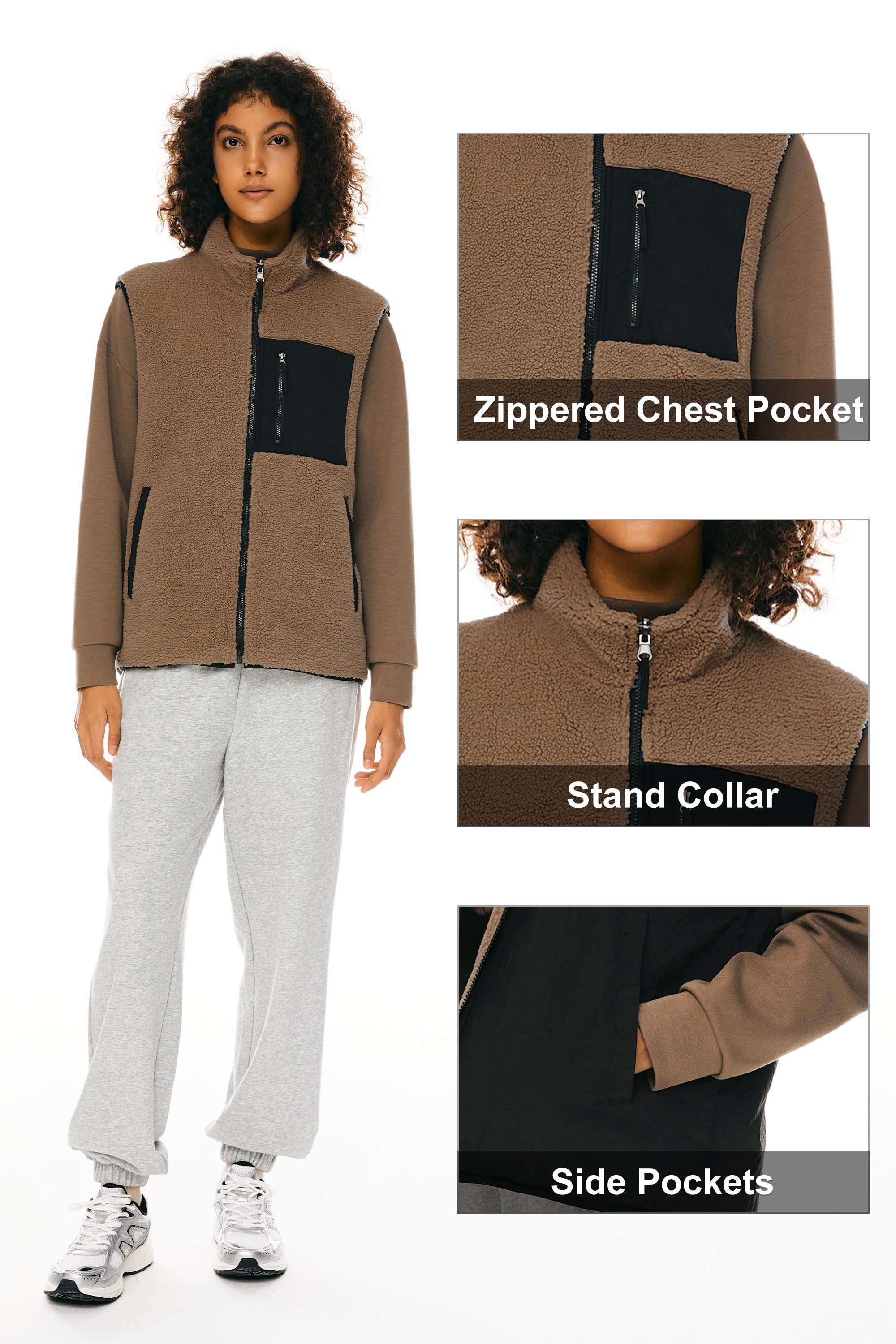 Orolay Fleece Reversible Vest Sherpa with Pockets #color_brown
