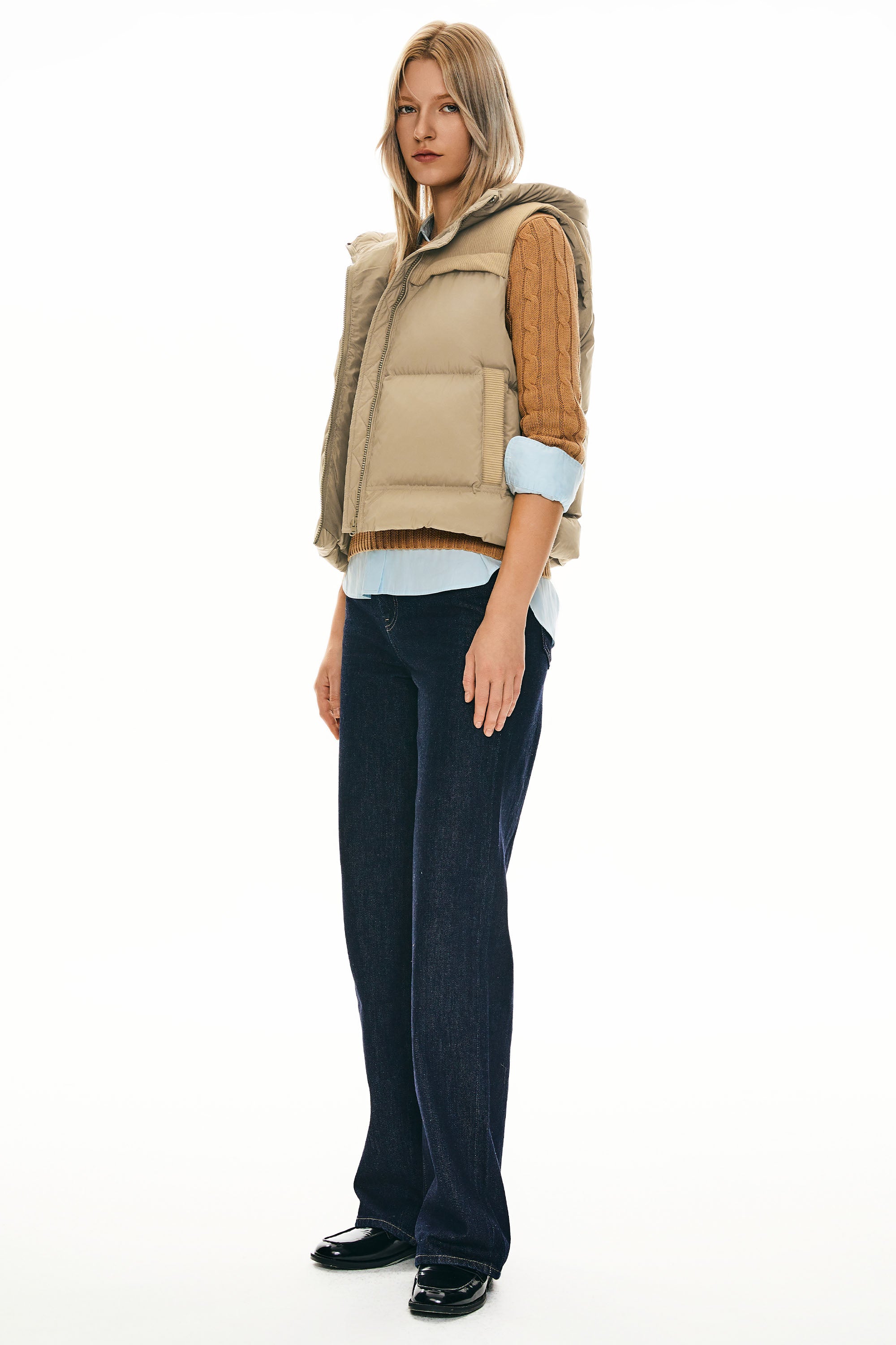 Orolay Hooded Puffer Down Vest Cropped Zip Up Lightweight #color_Khaki