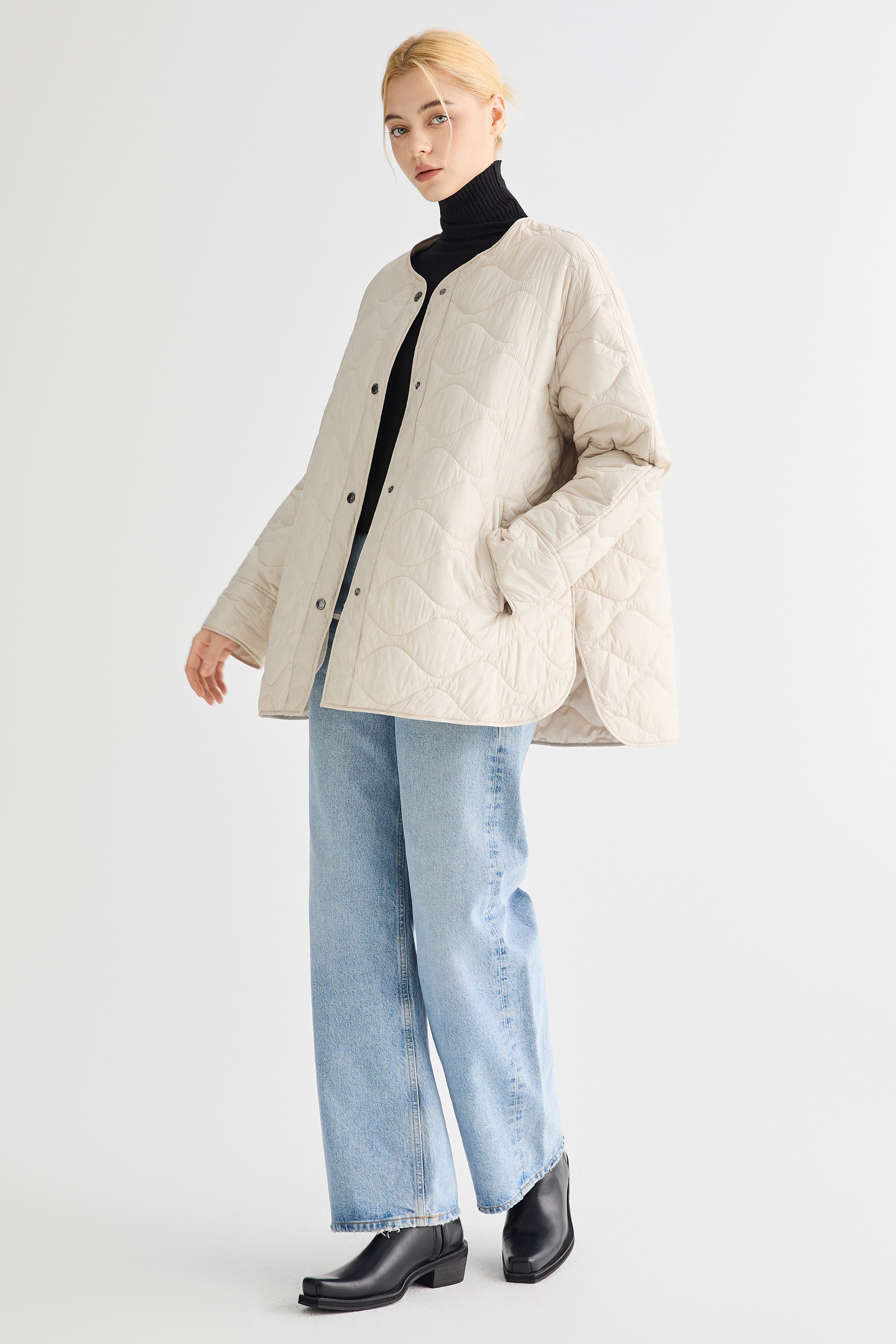 Oversized Quilted Drop-Shoulder Jacket Orolay #color_beige