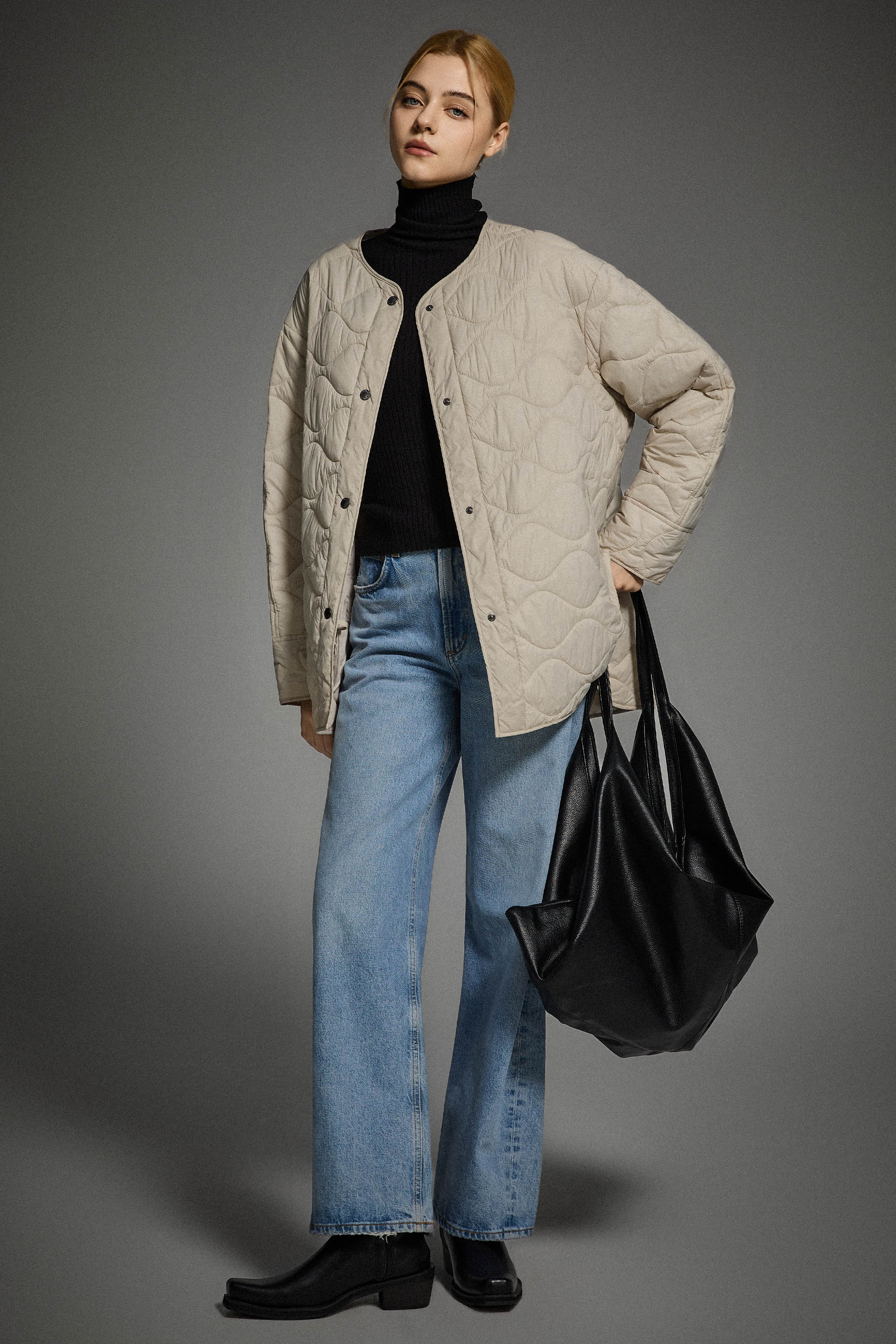 Oversized Quilted Drop-Shoulder Jacket Orolay #color_beige
