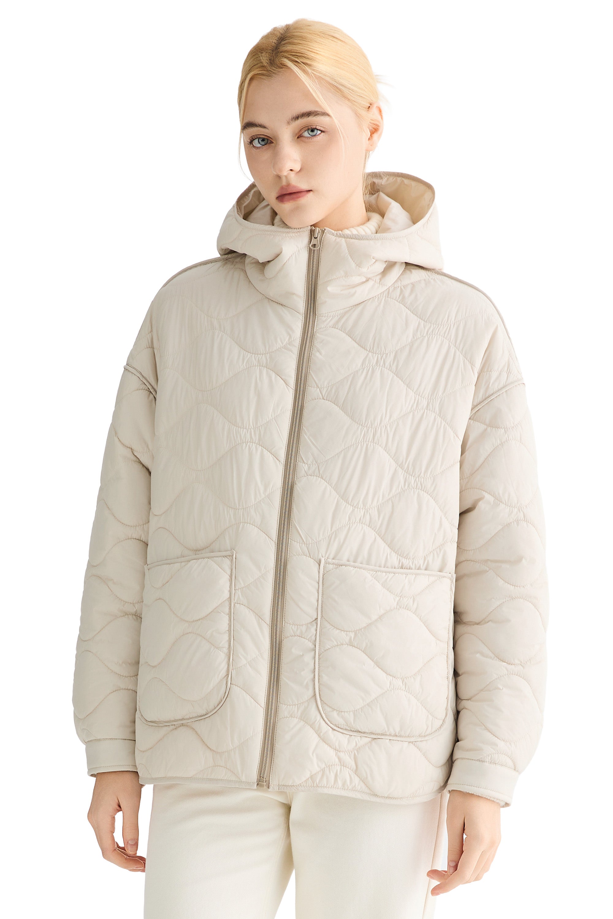 Oversized Quilted Hooded Drop-Shoulder Jacket OROLAY #color_beige