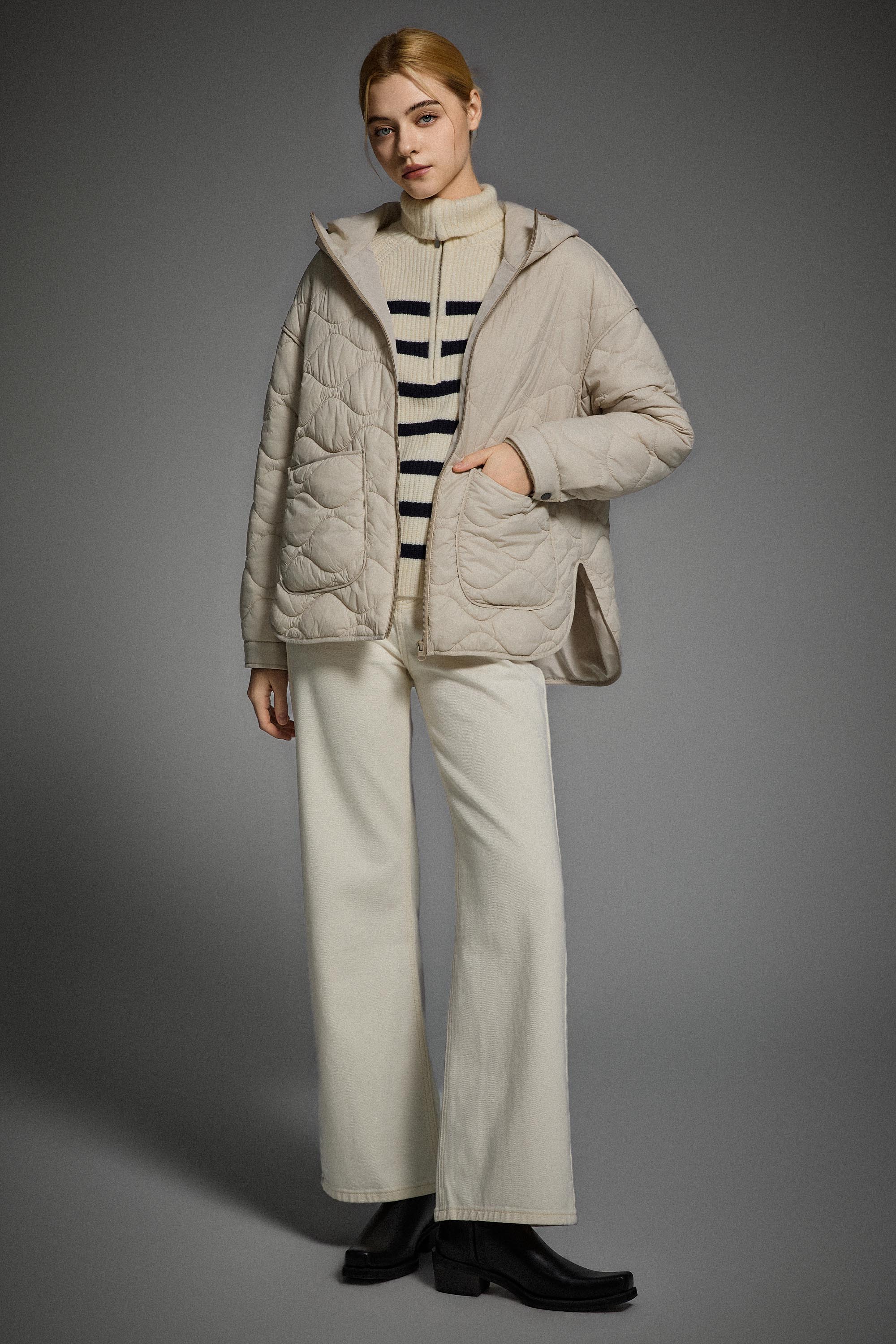 Oversized Quilted Hooded Drop-Shoulder Jacket OROLAY #color_beige
