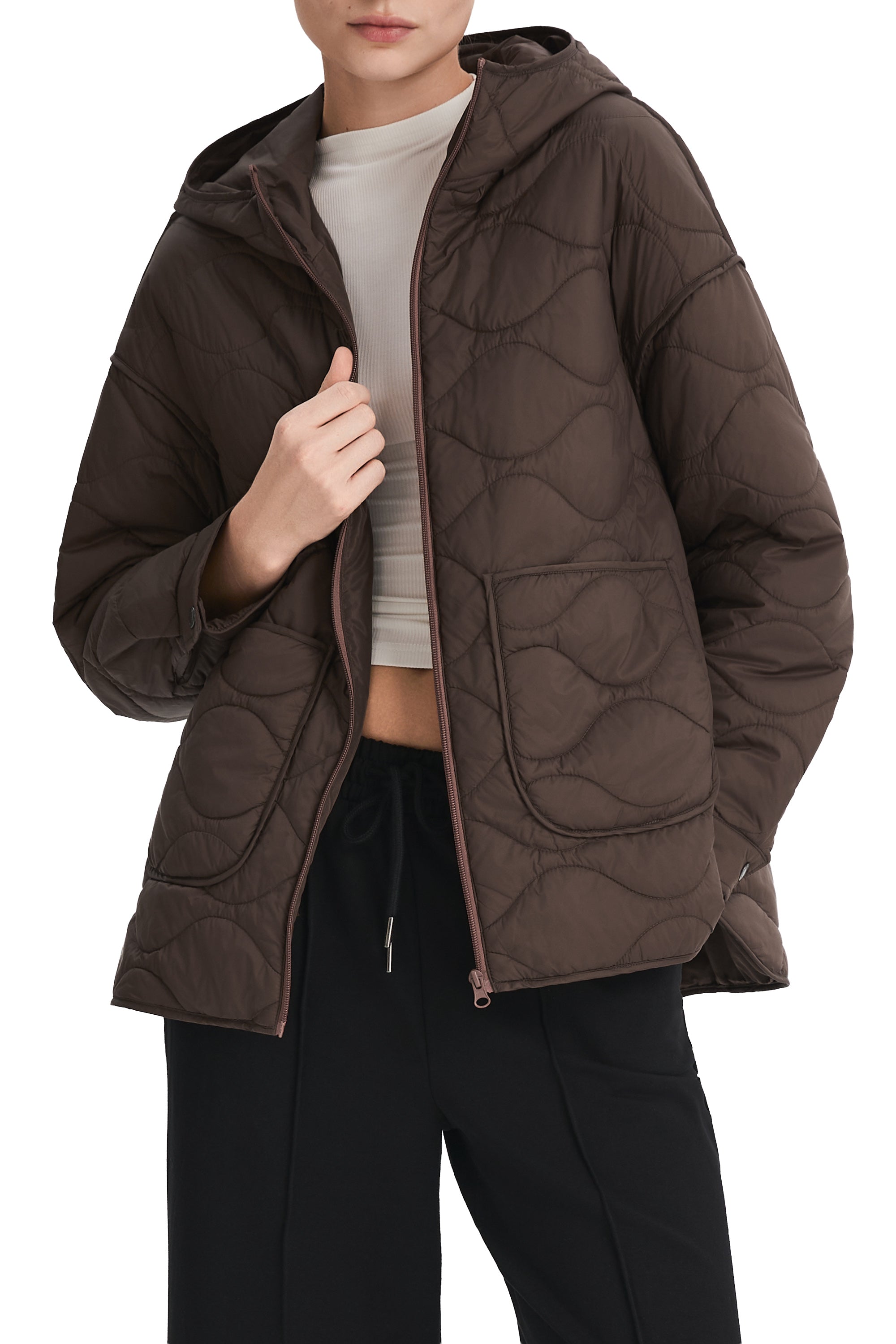 Oversized Quilted Hooded Drop-Shoulder Jacket OROLAY #color_coffee