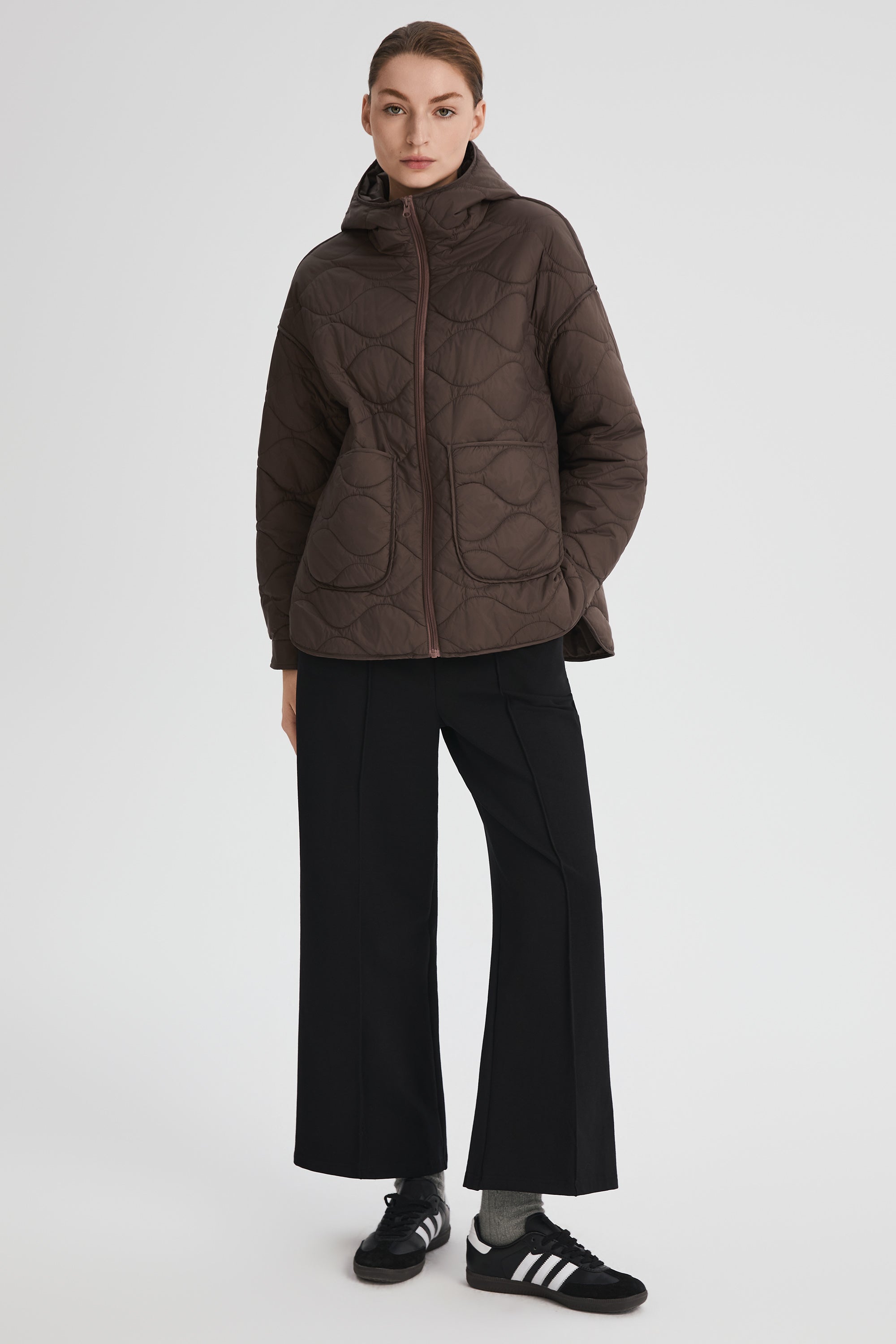 Oversized Quilted Hooded Drop-Shoulder Jacket OROLAY #color_coffee