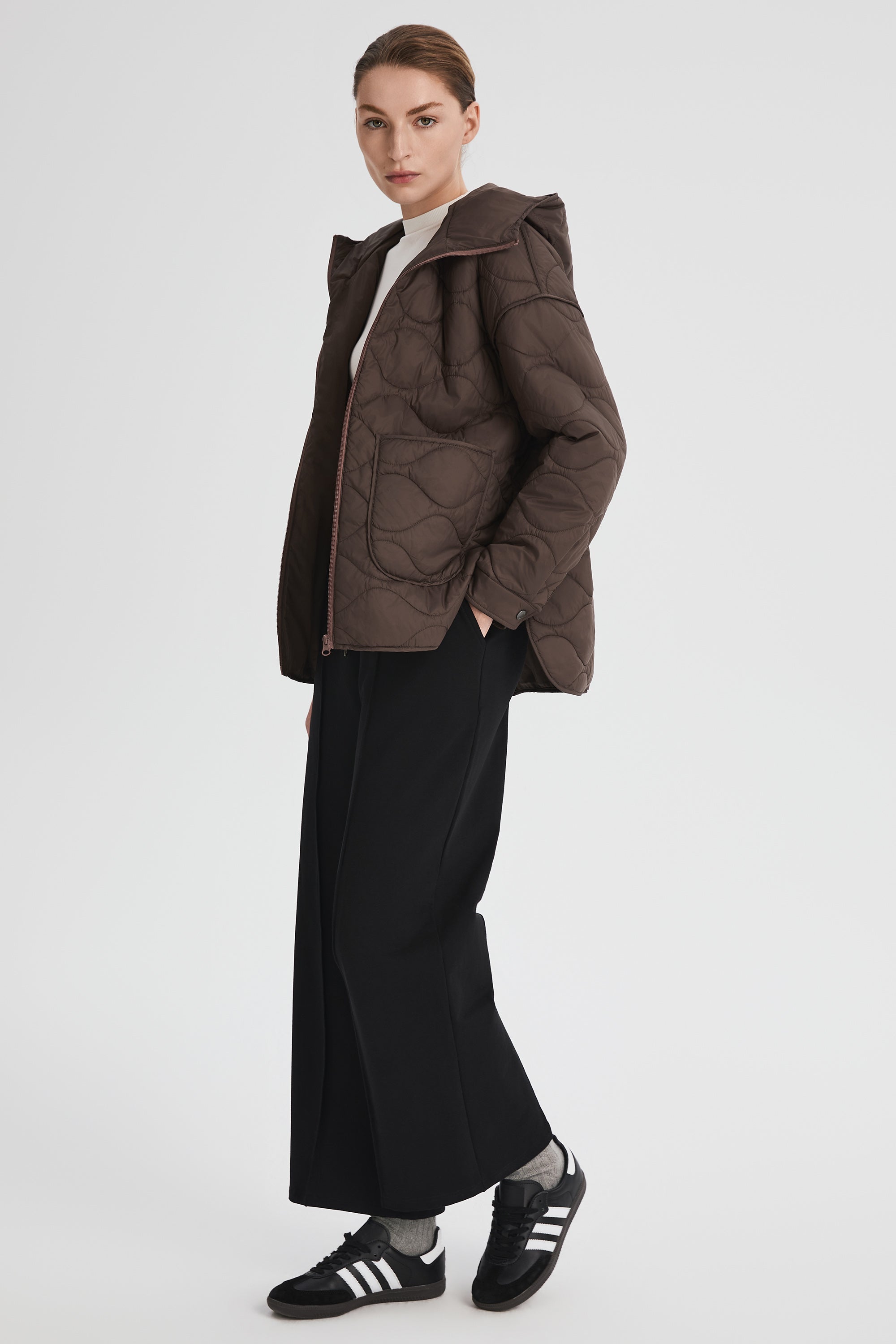Oversized Quilted Hooded Drop-Shoulder Jacket OROLAY #color_coffee