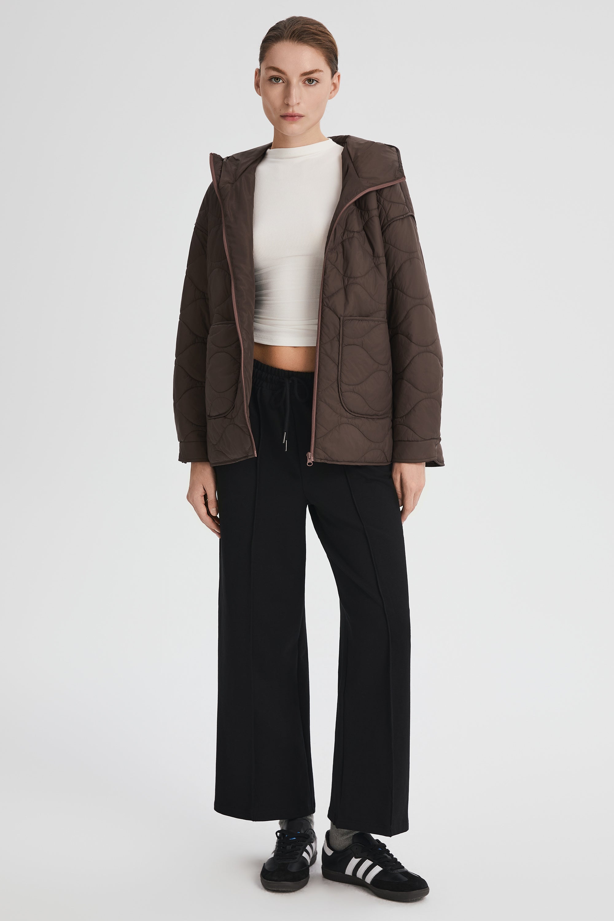 Oversized Quilted Hooded Drop-Shoulder Jacket OROLAY #color_coffee