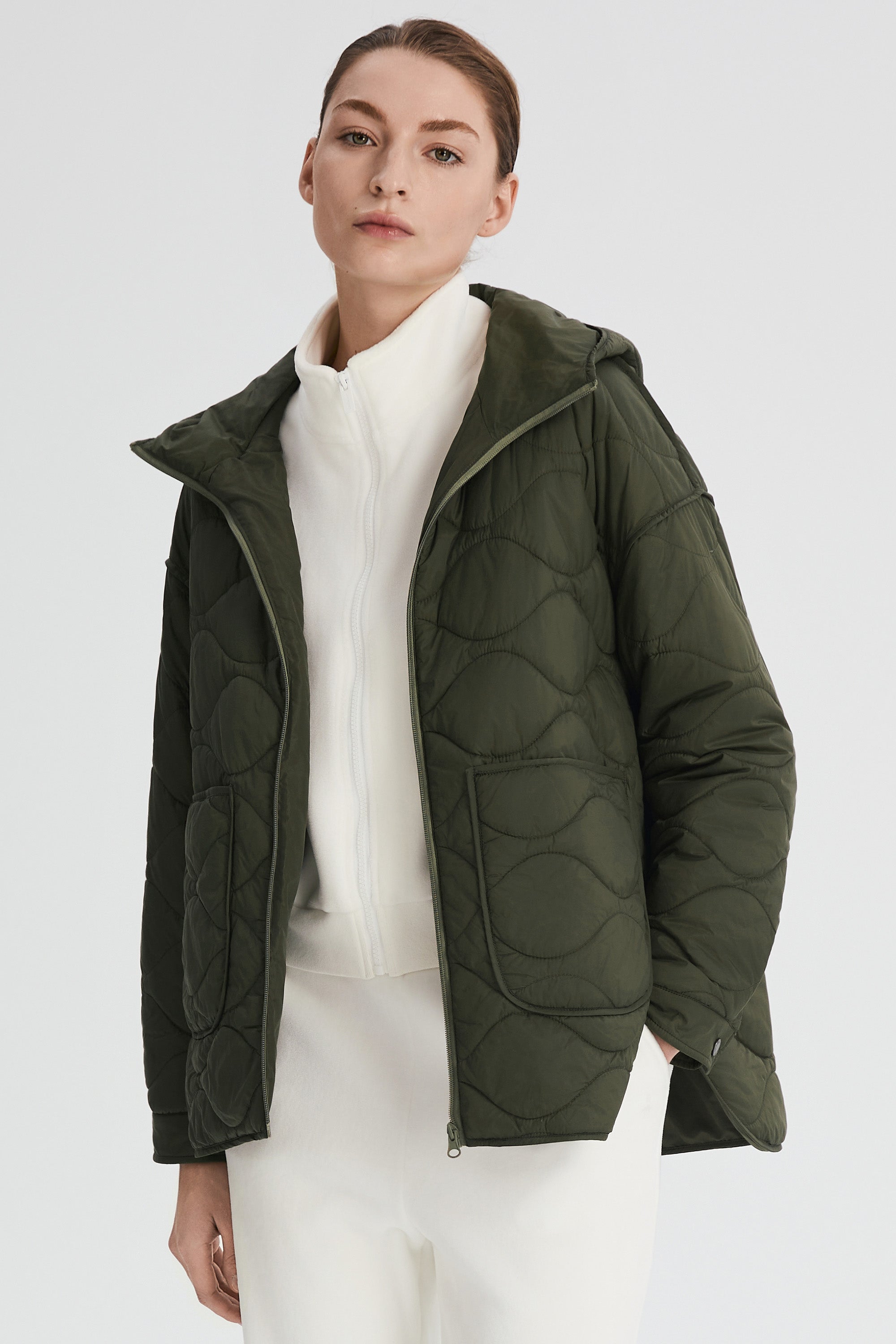 Oversized Quilted Hooded Drop-Shoulder Jacket OROLAY #color_olive