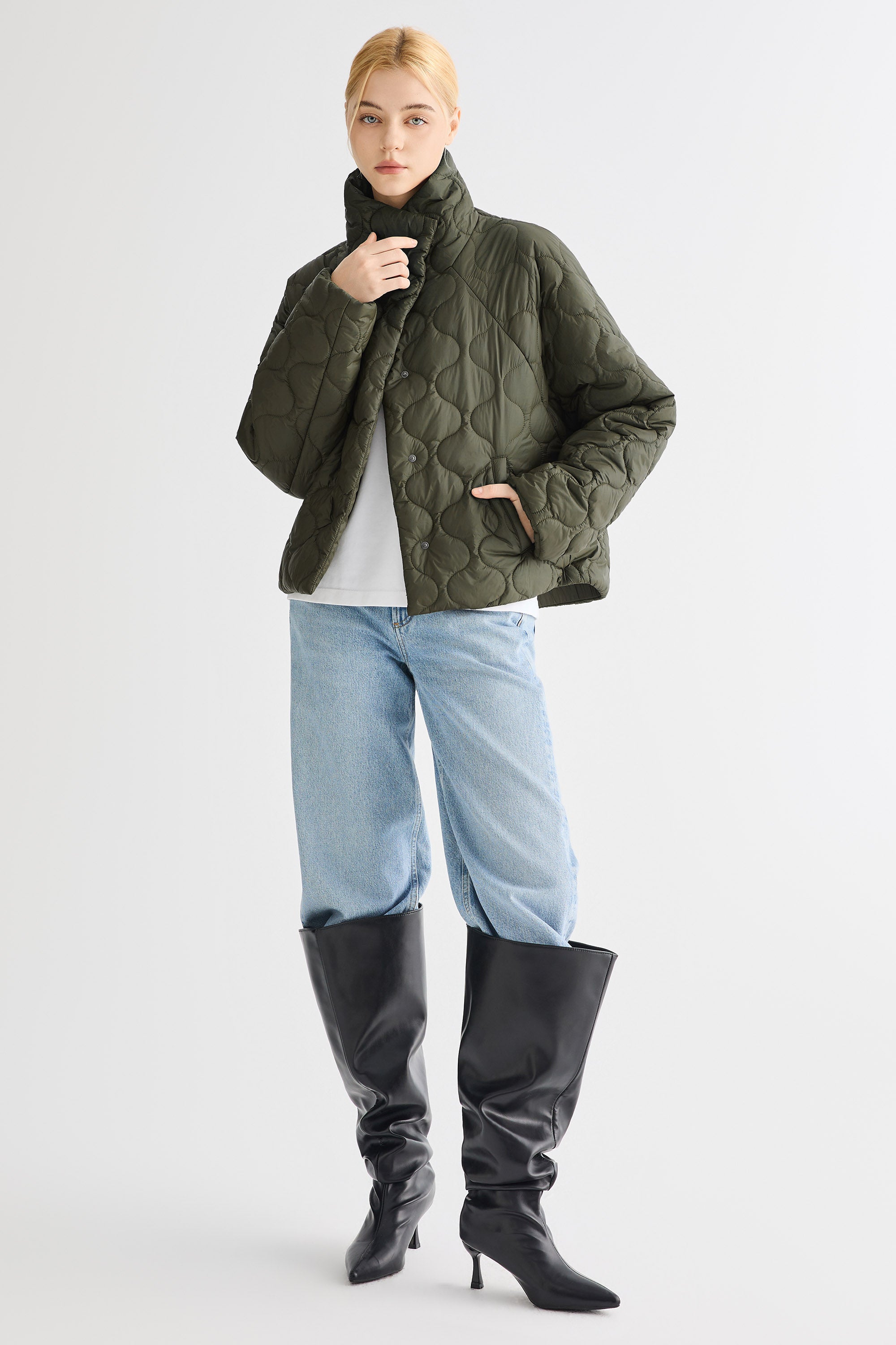 Oversized Quilted Raglan Sleeve Lightweight Jacket #color_green