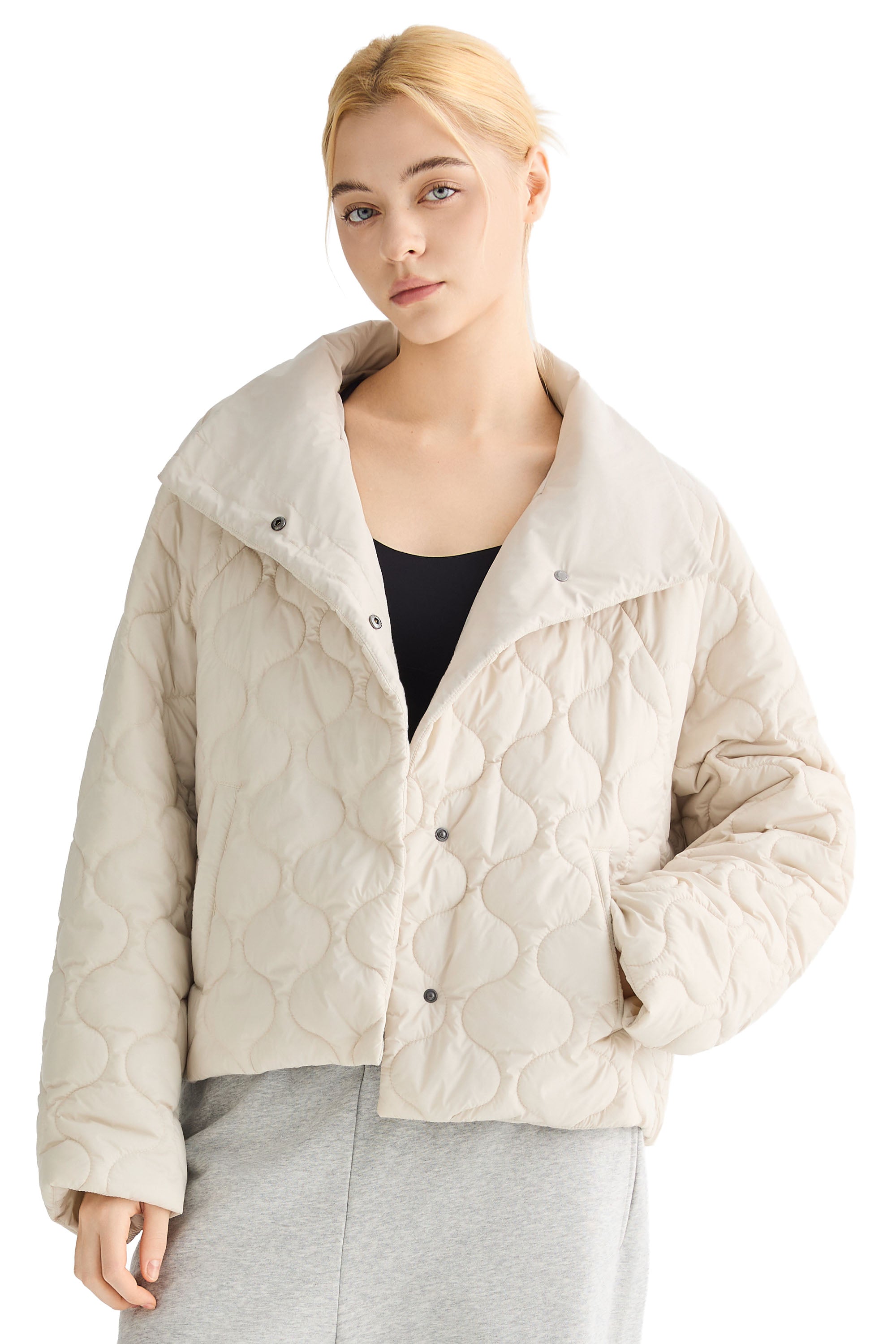 Oversized Quilted Raglan Sleeve Lightweight Jacket #color_beige