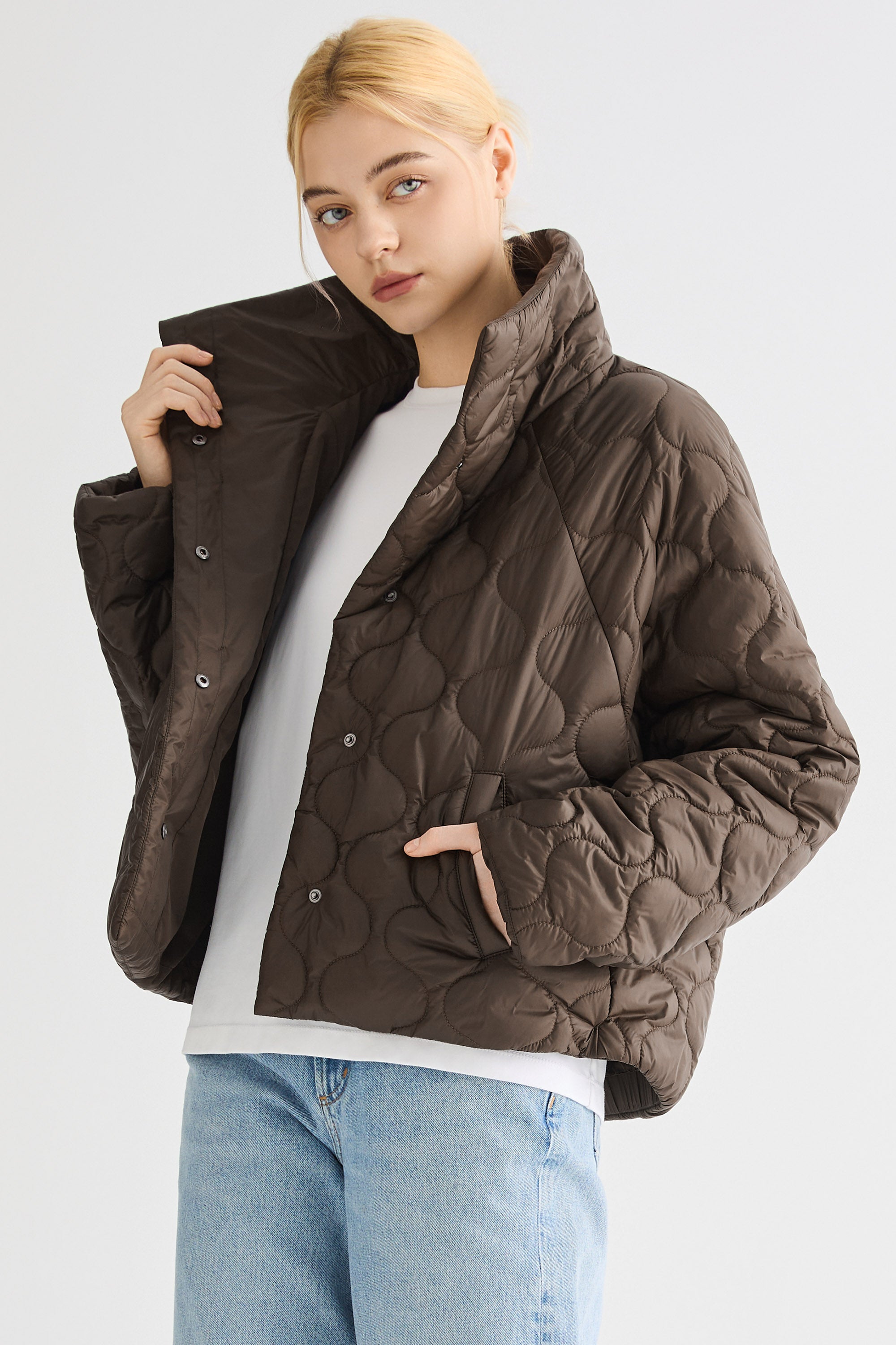 Oversized Quilted Raglan Sleeve Lightweight Jacket #color_coffee