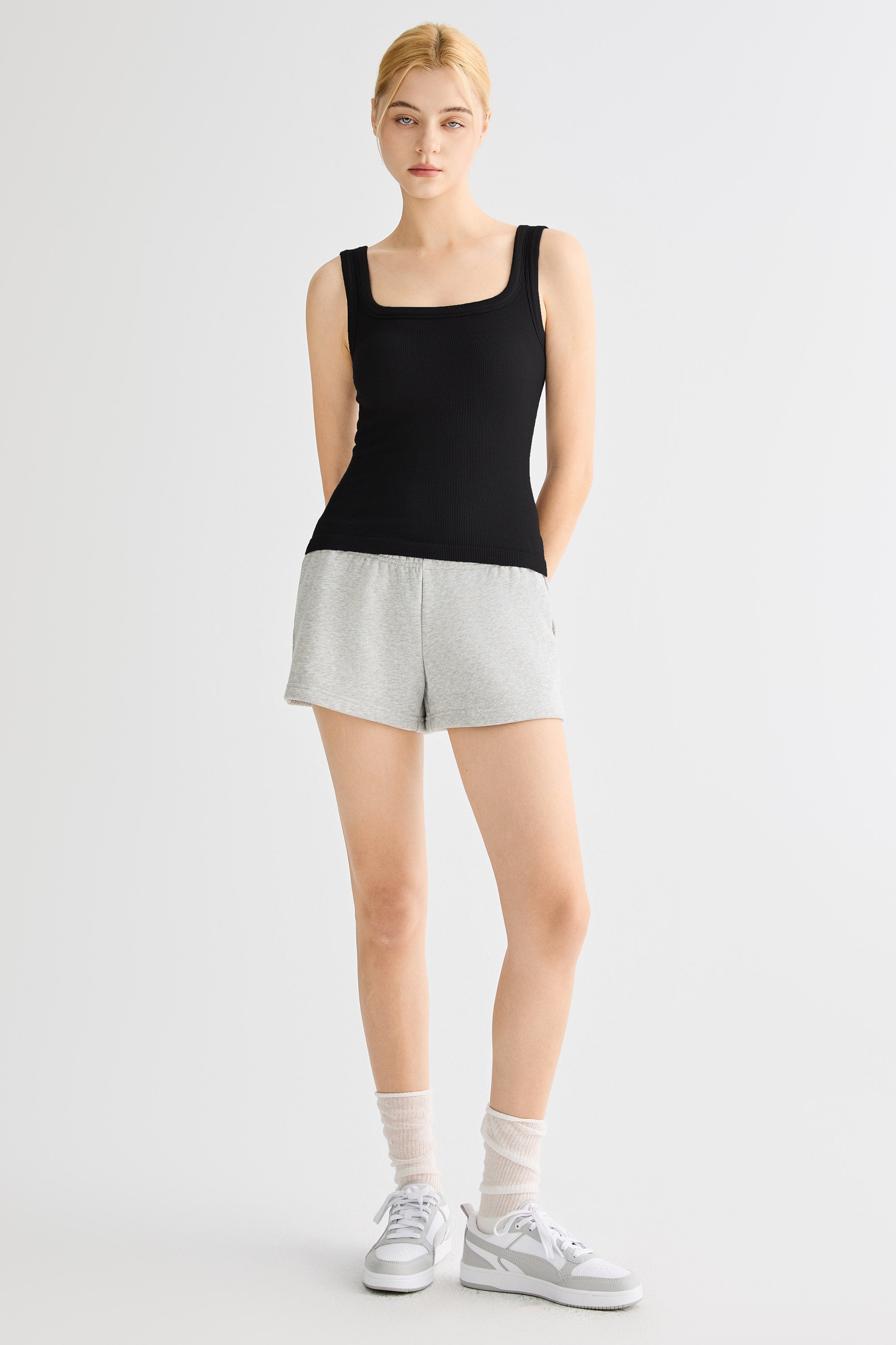 Padded Ribbed Wide-Strap Crew Tank orolay #color_black