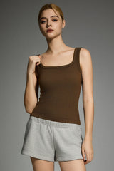 Padded Ribbed Wide-Strap Crew Tank orolay #color_brown