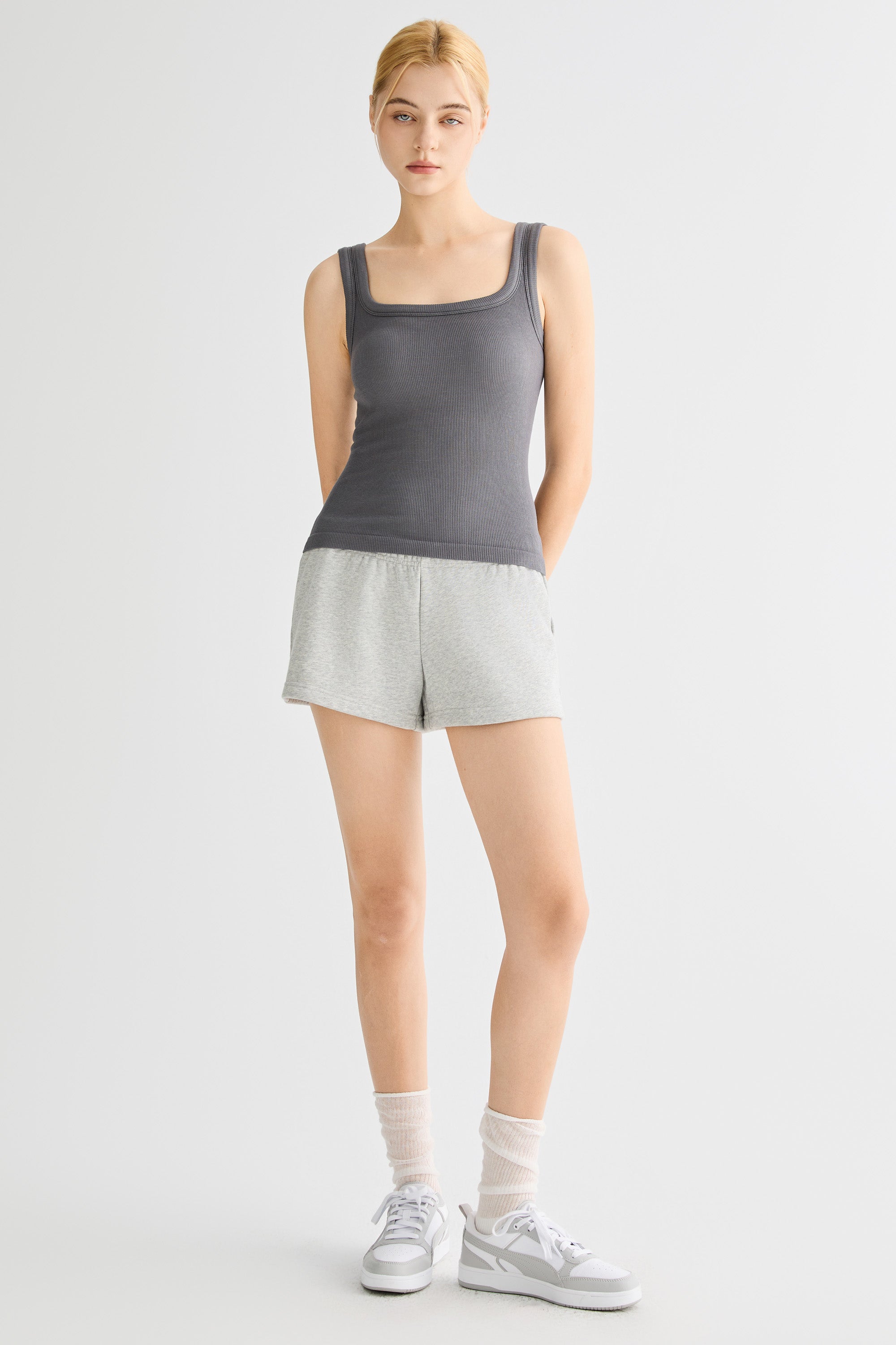 Padded Ribbed Wide-Strap Crew Tank orolay #color_gray