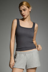 Padded Ribbed Wide-Strap Crew Tank orolay #color_gray