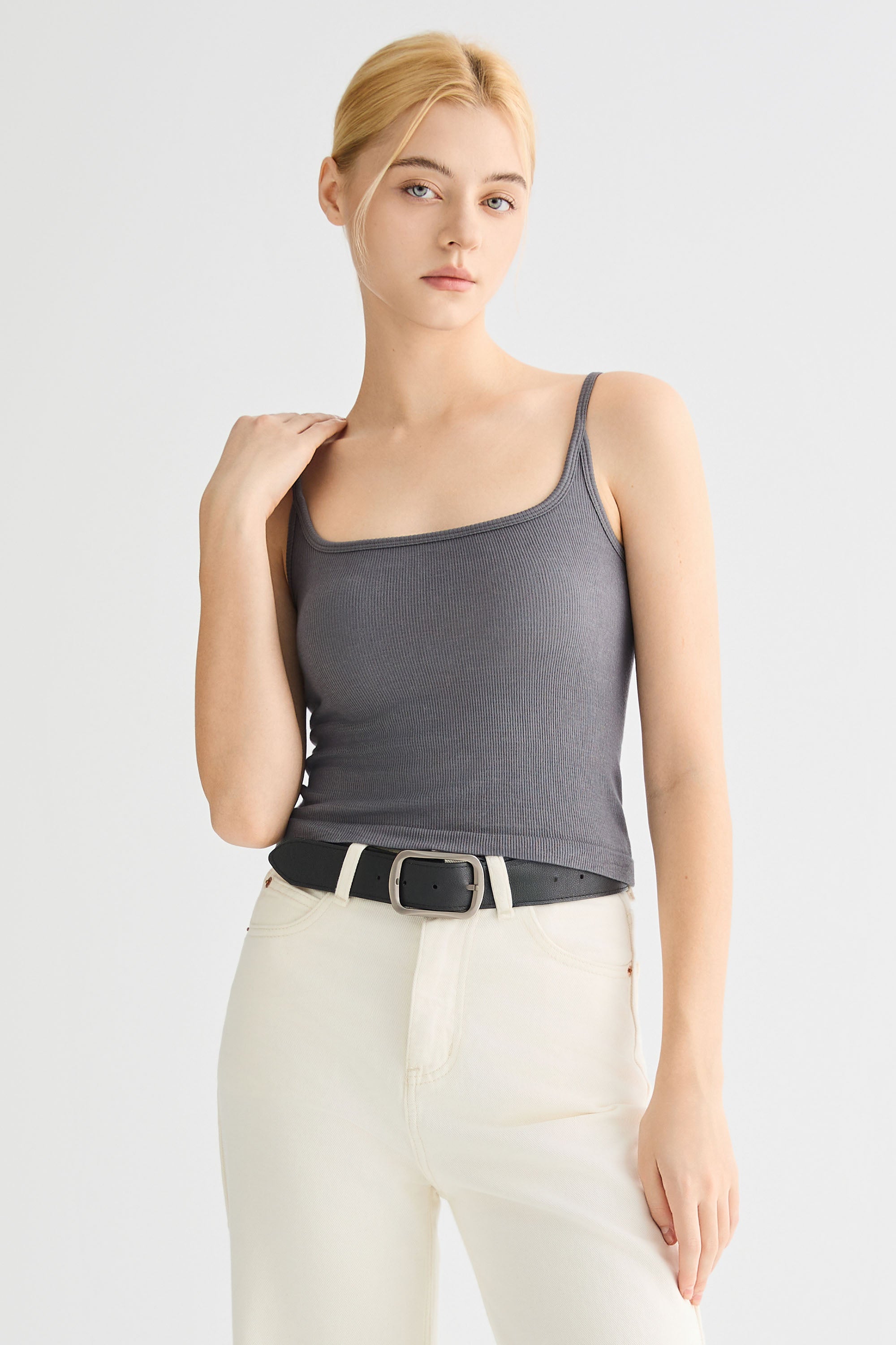 Padded Ribbed Square Neck Tank OROLAY #color_gray