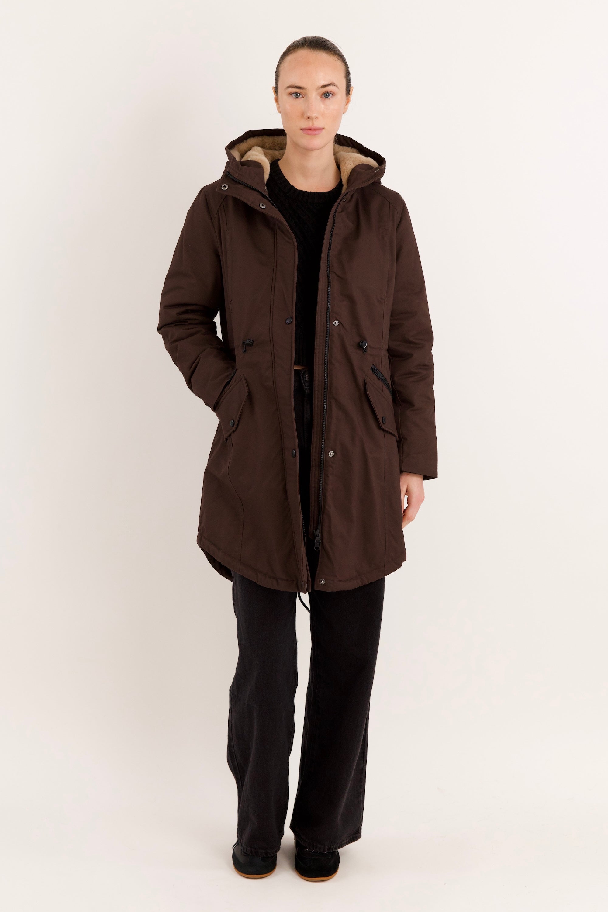 Parka-Drawstring Waist Fleece - Lined Parka - Orolay, #color_coffee