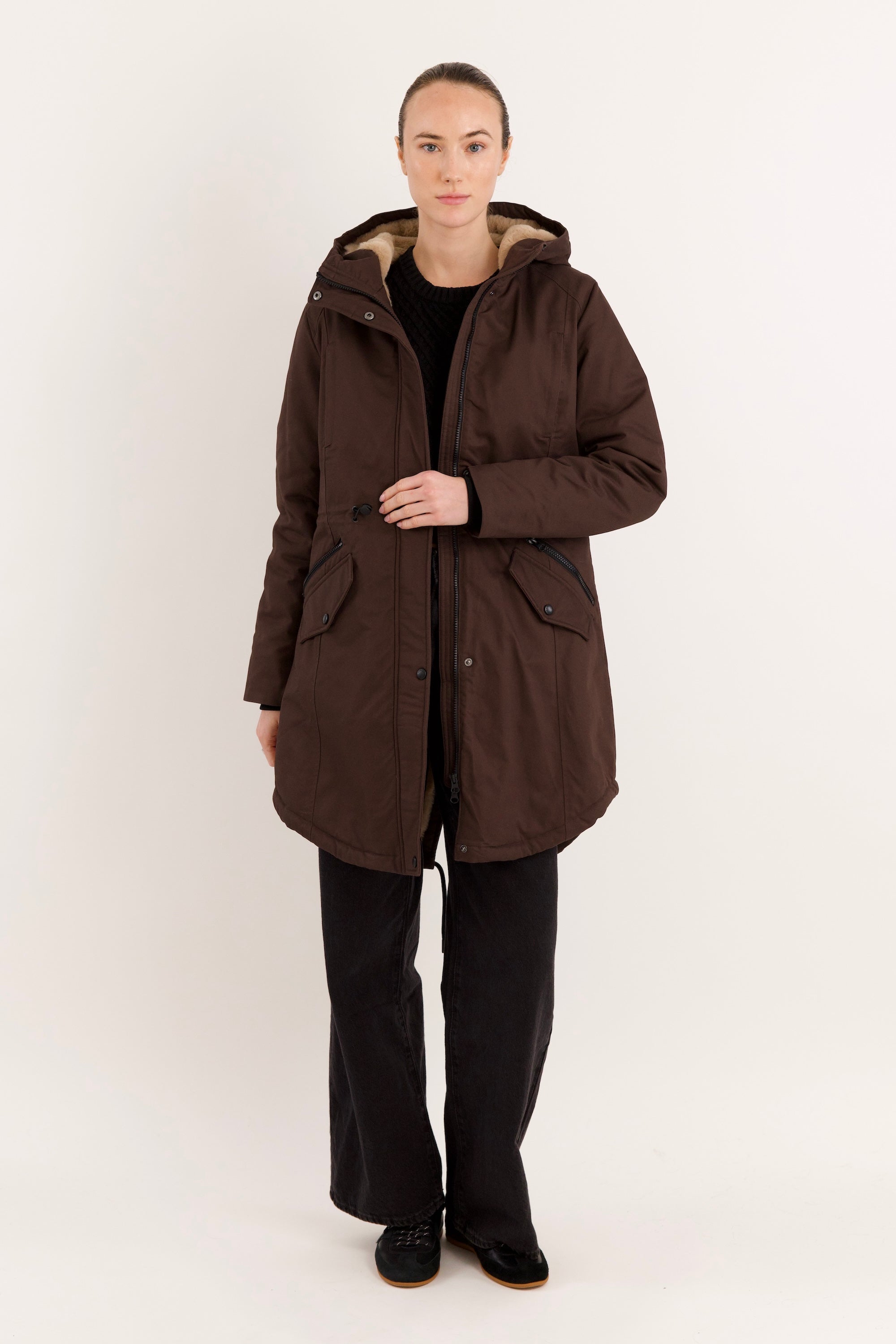 Parka-Drawstring Waist Fleece - Lined Parka - Orolay, #color_coffee