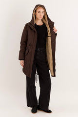 Parka-Drawstring Waist Fleece - Lined Parka - Orolay, #color_coffee