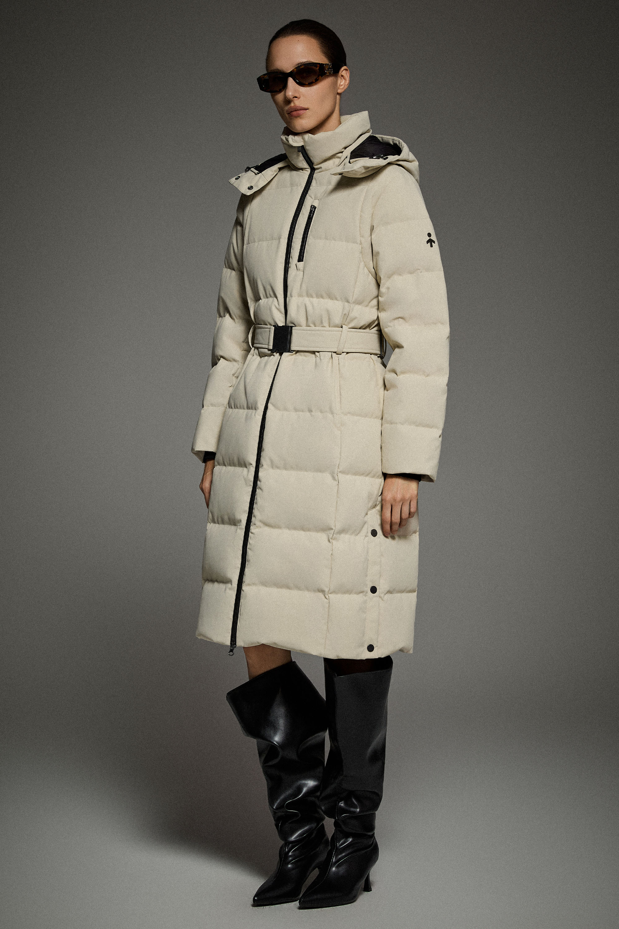 Full-Length Belted Hooded Down Jacket Orolay #color_beige