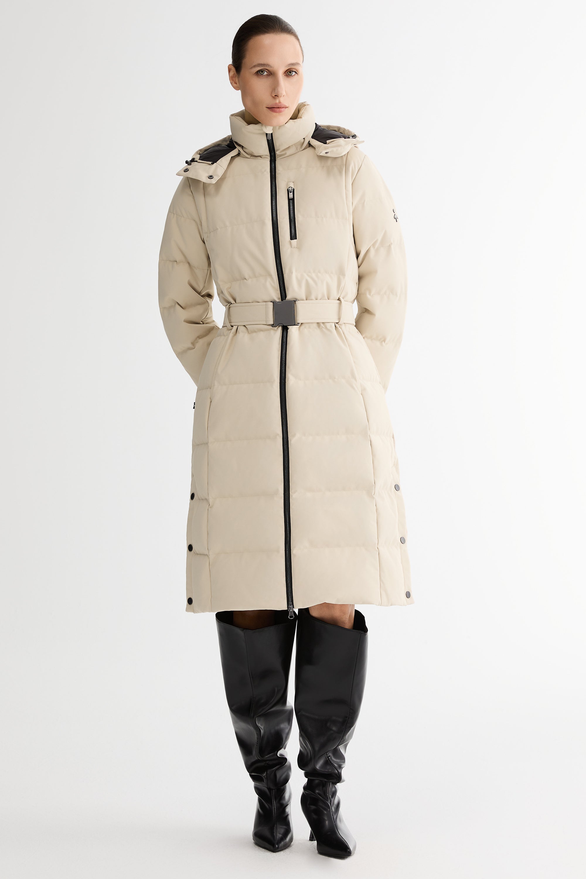 Full-Length Belted Hooded Down Jacket Orolay #color_beige