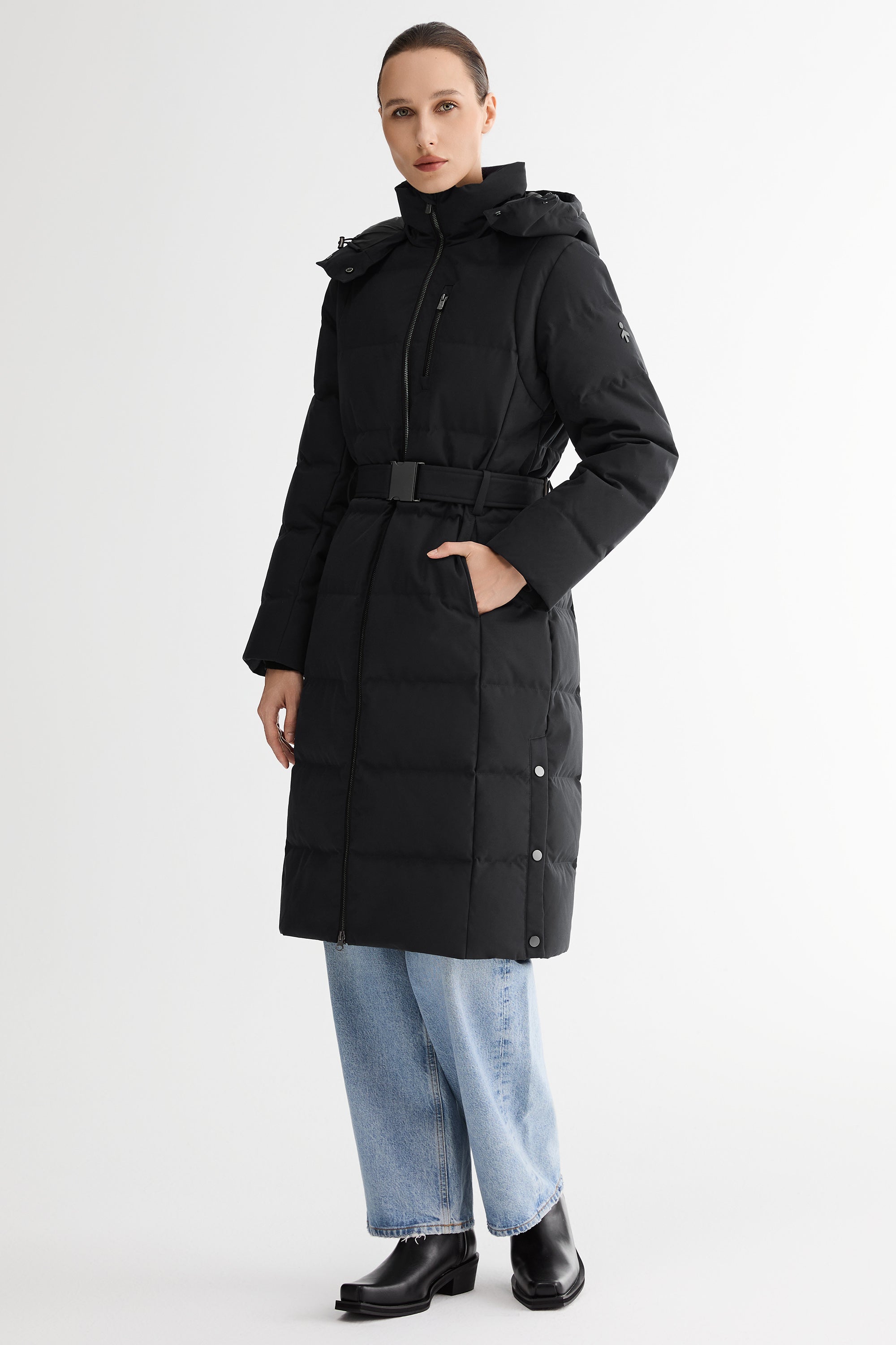 Full-Length Belted Hooded Down Jacket Orolay #color_black