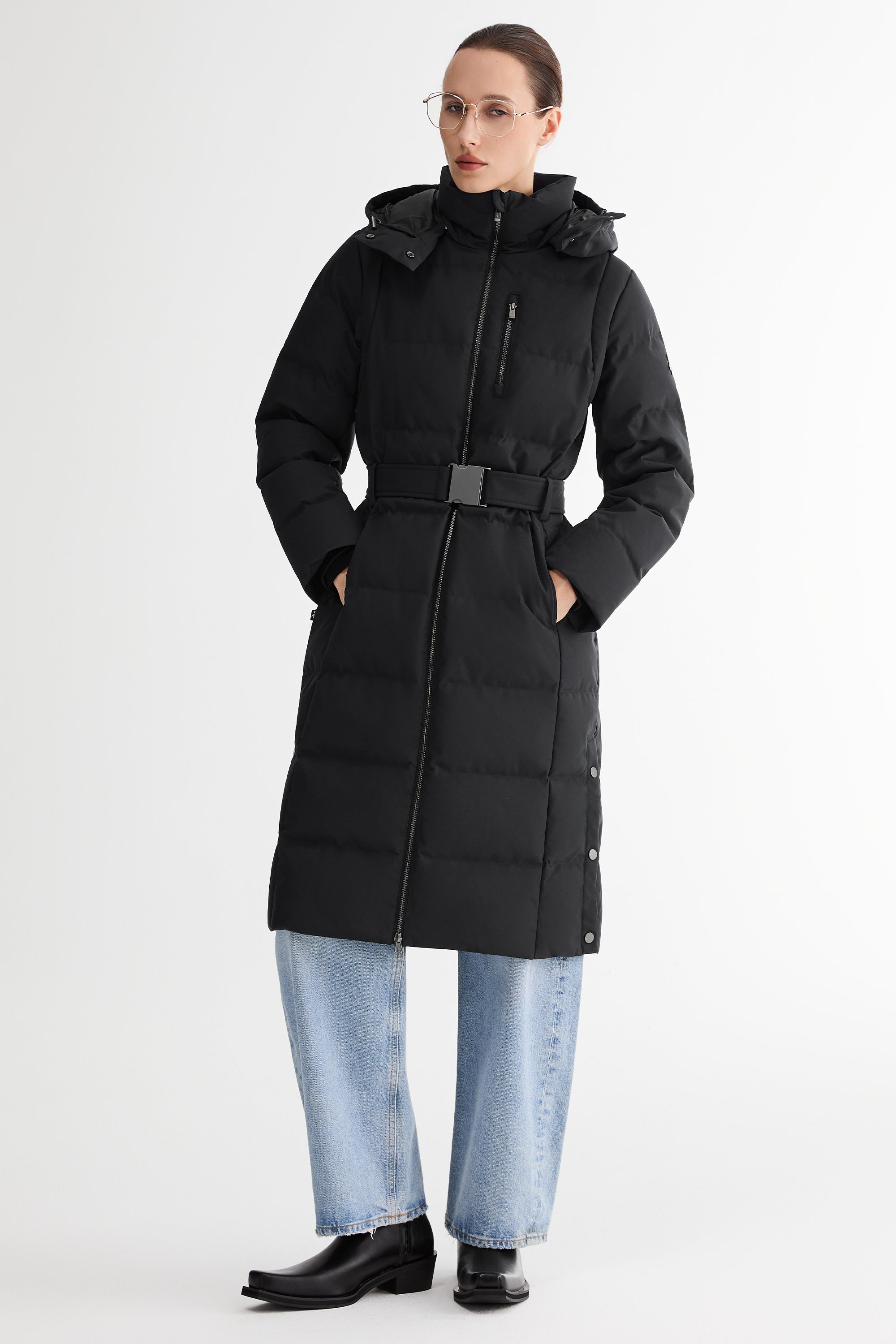 Full-Length Belted Hooded Down Jacket Orolay #color_black