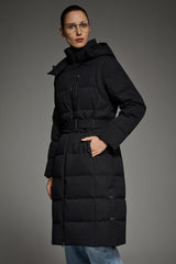 Full-Length Belted Hooded Down Jacket Orolay #color_black
