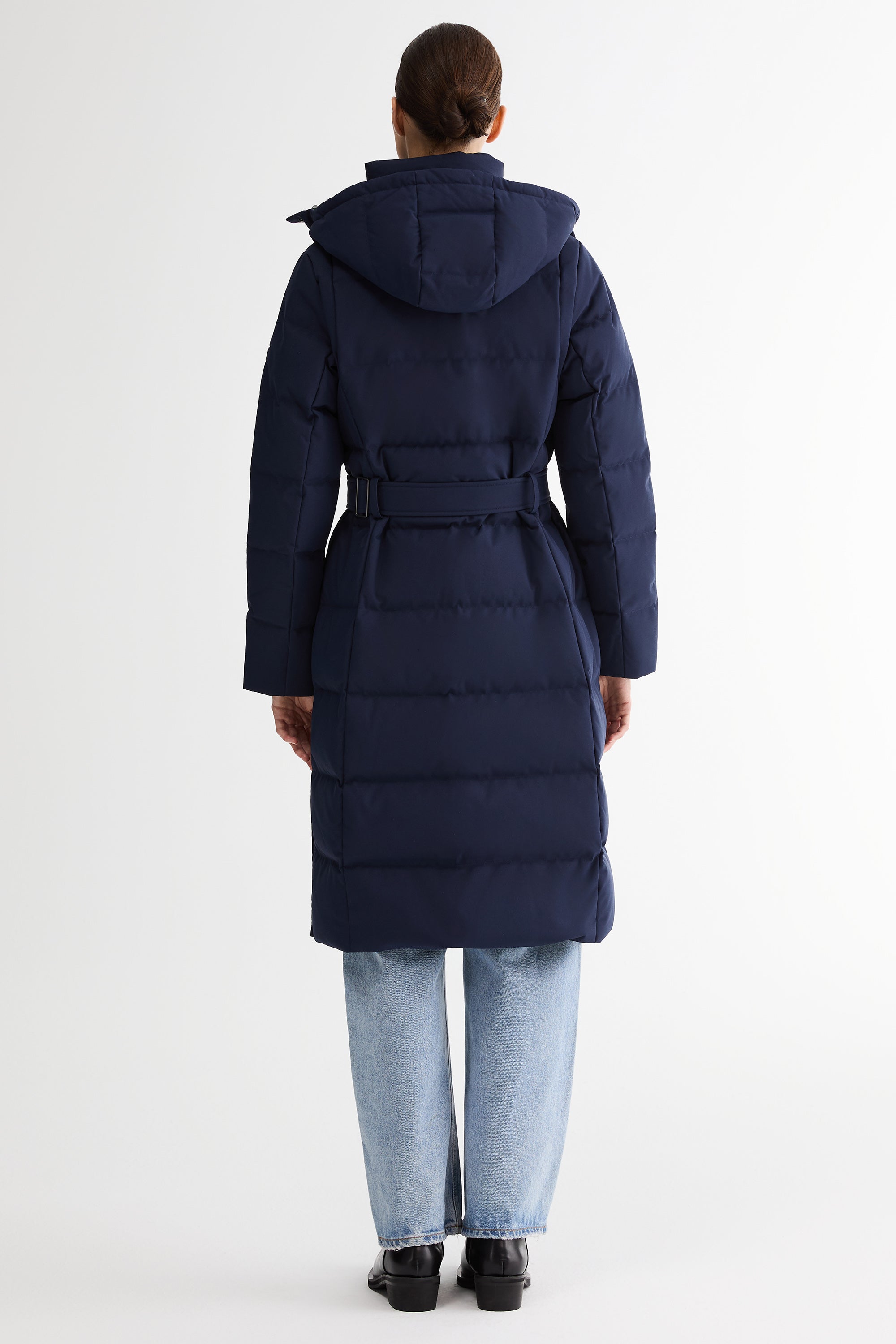 Full-Length Belted Hooded Down Jacket Orolay #color_navy