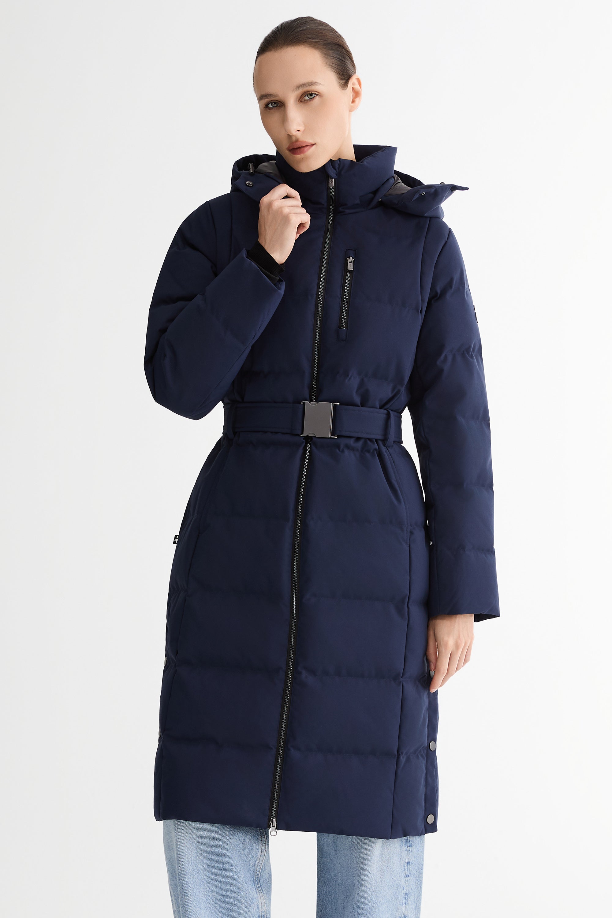 Full-Length Belted Hooded Down Jacket Orolay #color_navy
