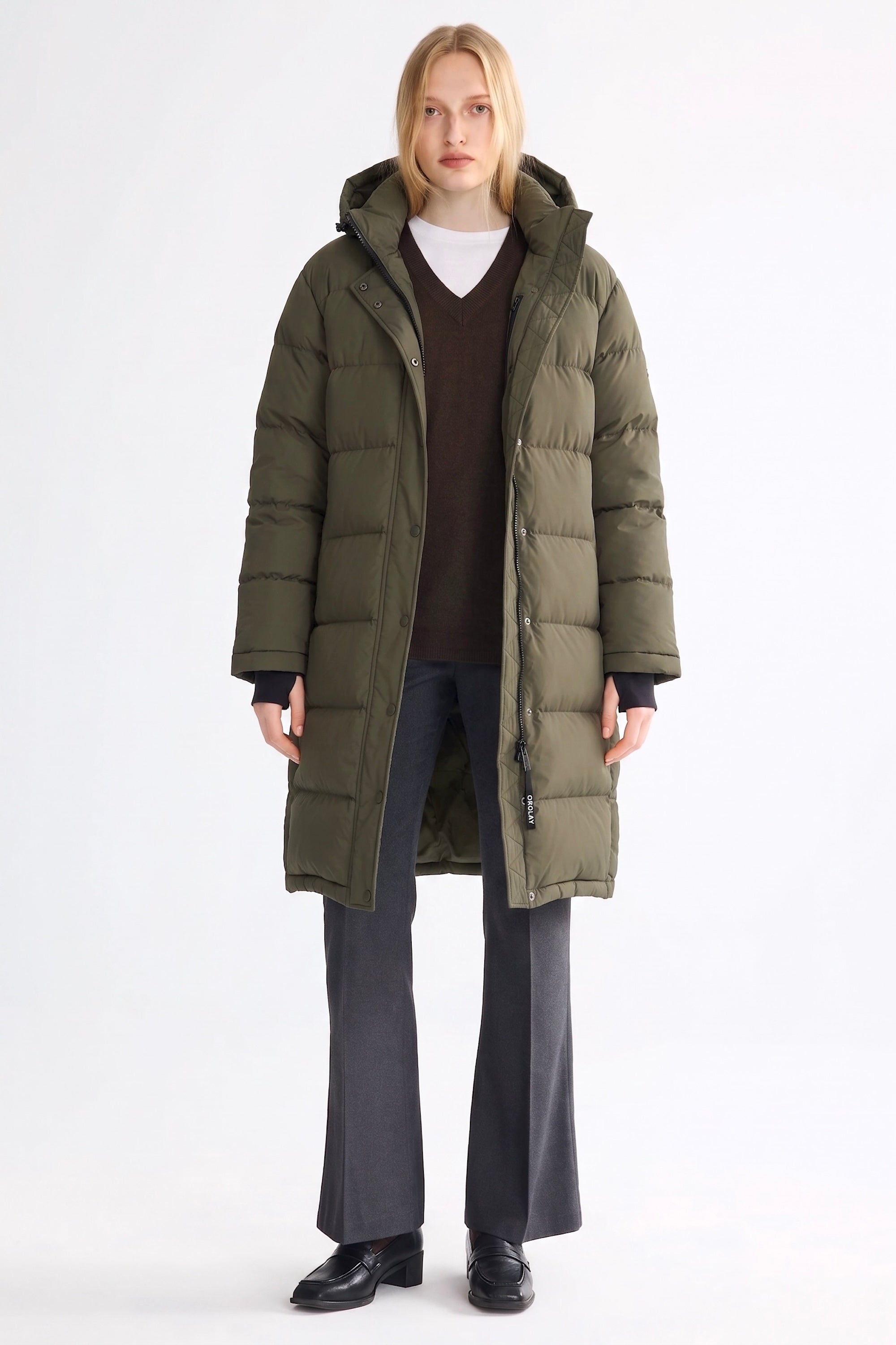 Orolay-Aurora Long Detachable Hooded Down jacket #color_army green
