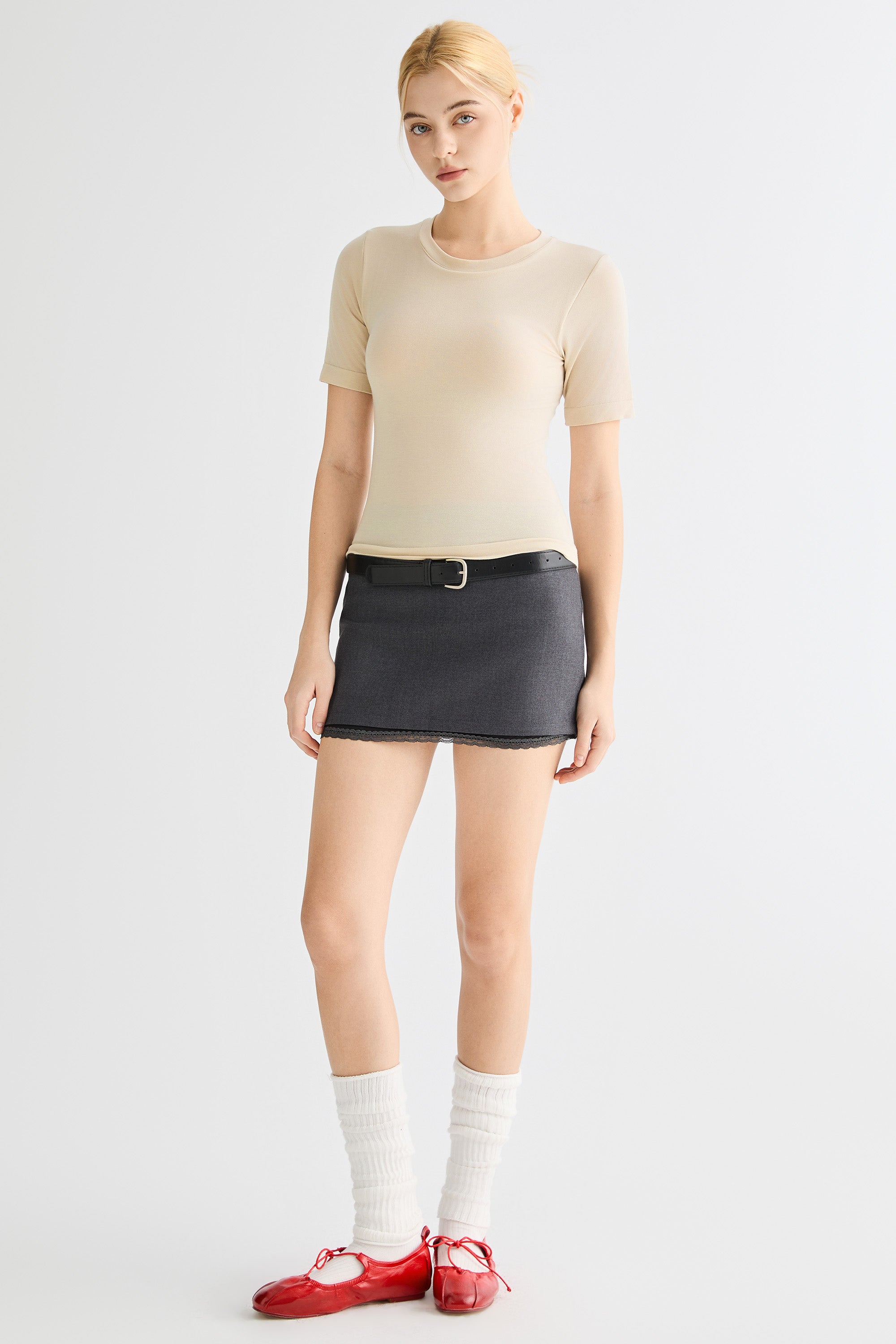 Short-Sleeve Padded Knit Crew T-Shirt OROLAY #color_beige