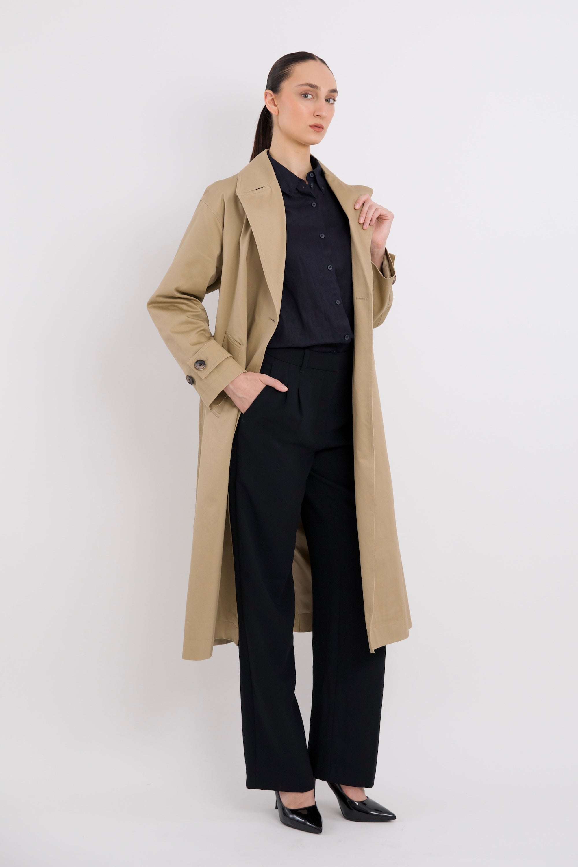Maxi Length Oversized Trench Coat orolay #color_khaki