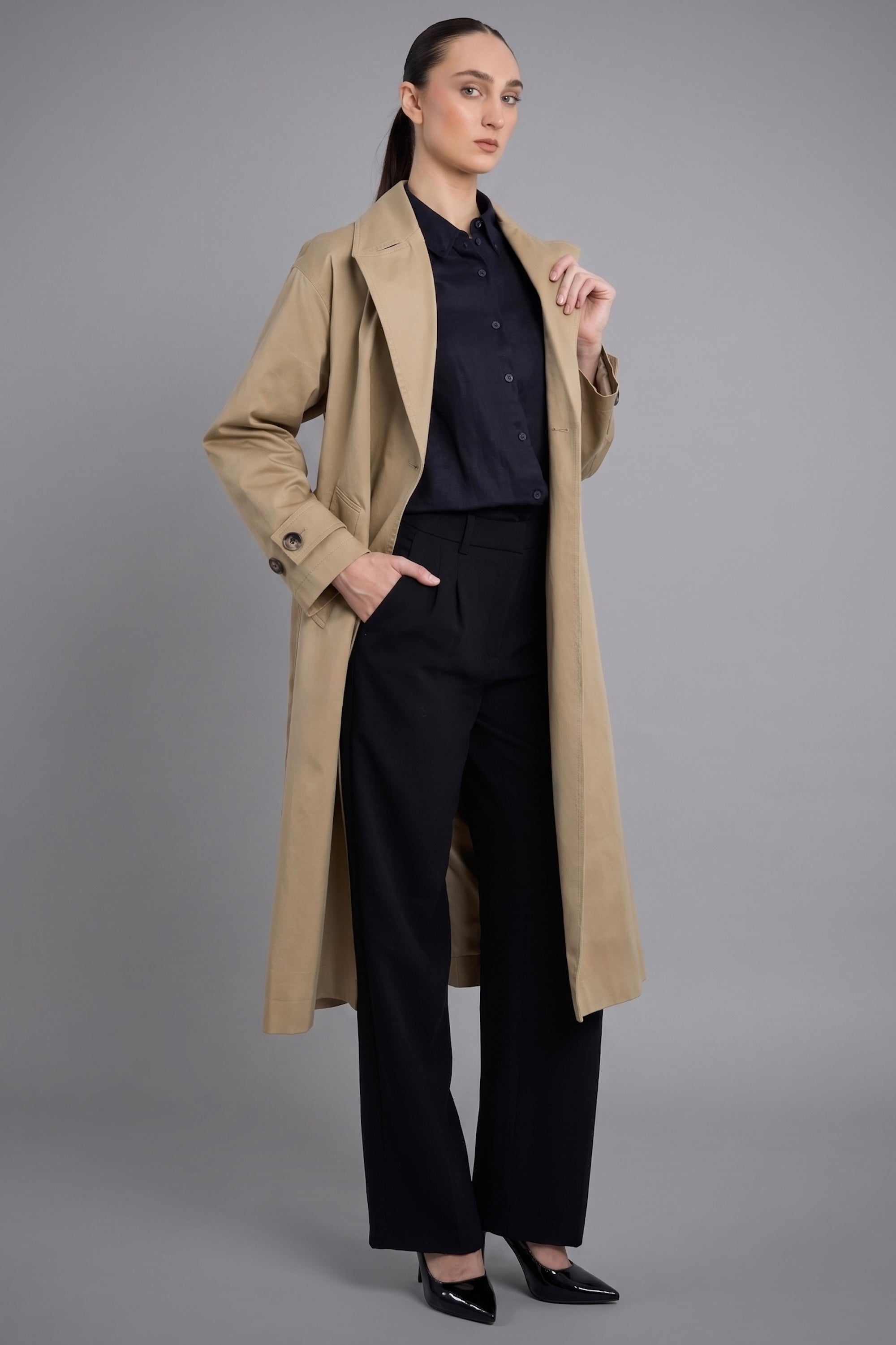Maxi Length Oversized Trench Coat orolay #color_khaki