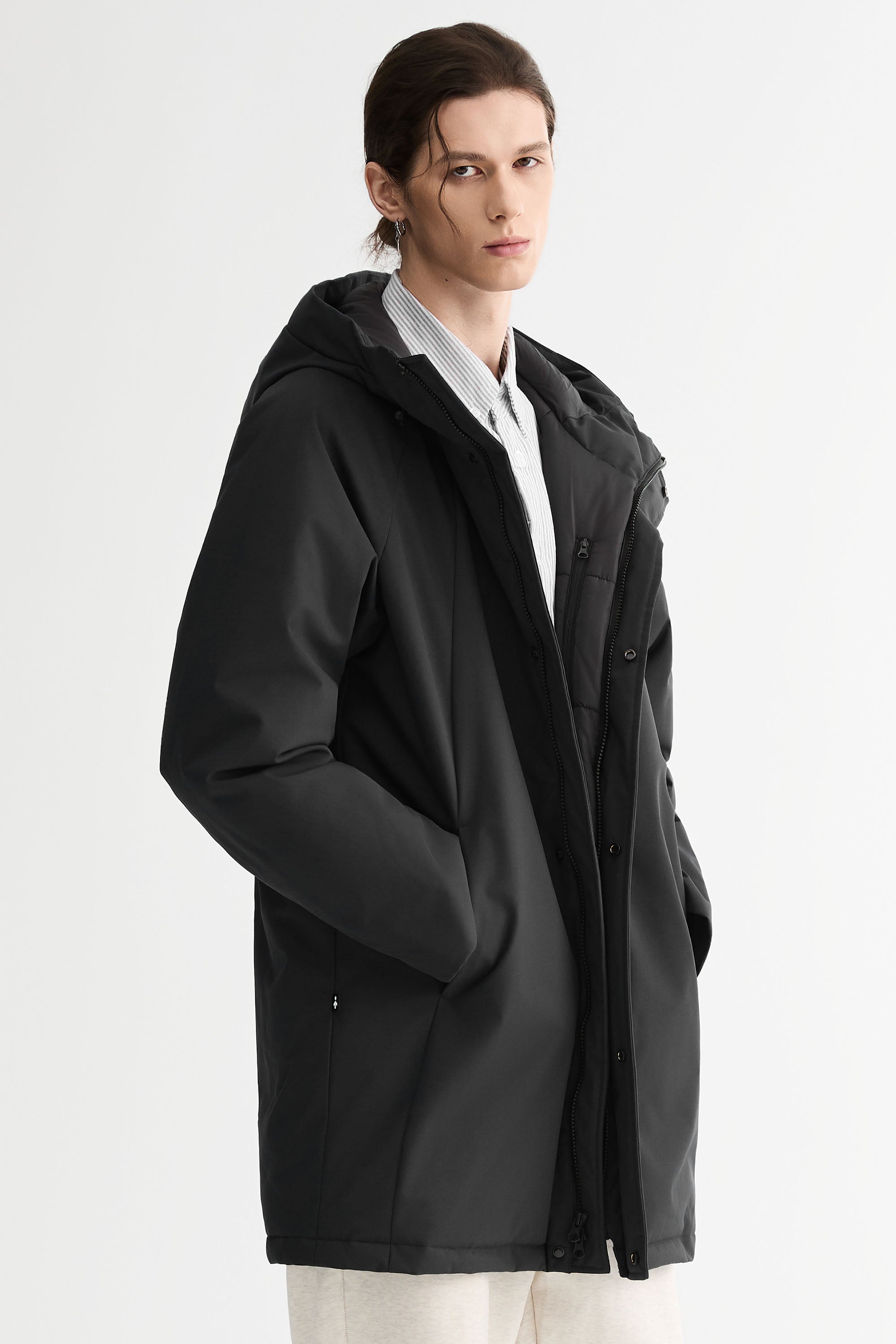WeatherGuard Mid-Length Hooded Parka Jacket Orolay #color_black