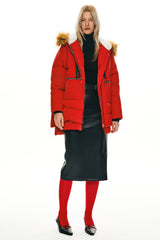 Orolay-092 Classics Thickened Down Jacket with Faux Fur Hood #color_Fiery Red