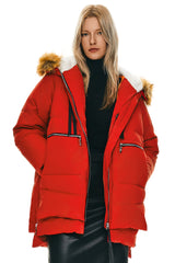 Orolay-092 Classics Thickened Down Jacket with Faux Fur Hood #color_Fiery Red