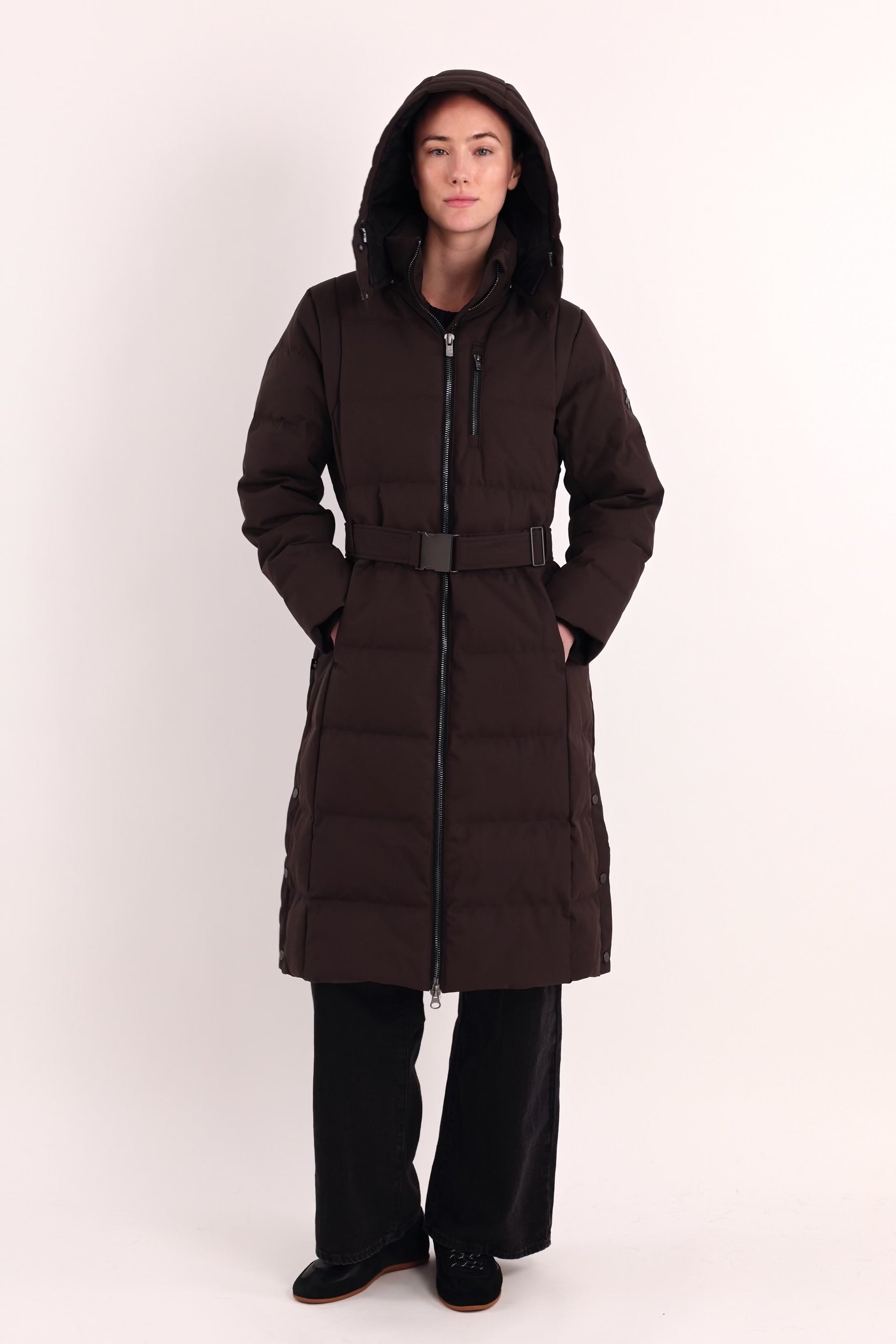 Full-Length Belted Hooded Down Jacket Orolay #color_darkgray,black,beige,navy,coffee,olive
